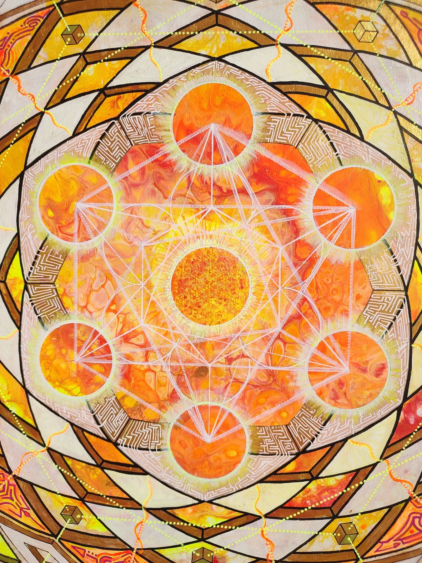 Détails de "Seven suns" Peinture originale de Tom Dusauvage, art visionnaire inspiré de la géométrie sacrée, avec des soleils disposés en cube de métatron évoquant une représentation spirituelle ou ésotérique.
