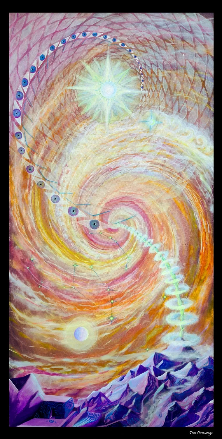 "Exoplanet" Œuvre abstraite visionnaire représentant galaxie spiralé et fractale explorant des paysages montagneux oniriques, et des constellations. Acrylique sur toile par Tom Dusauvage.