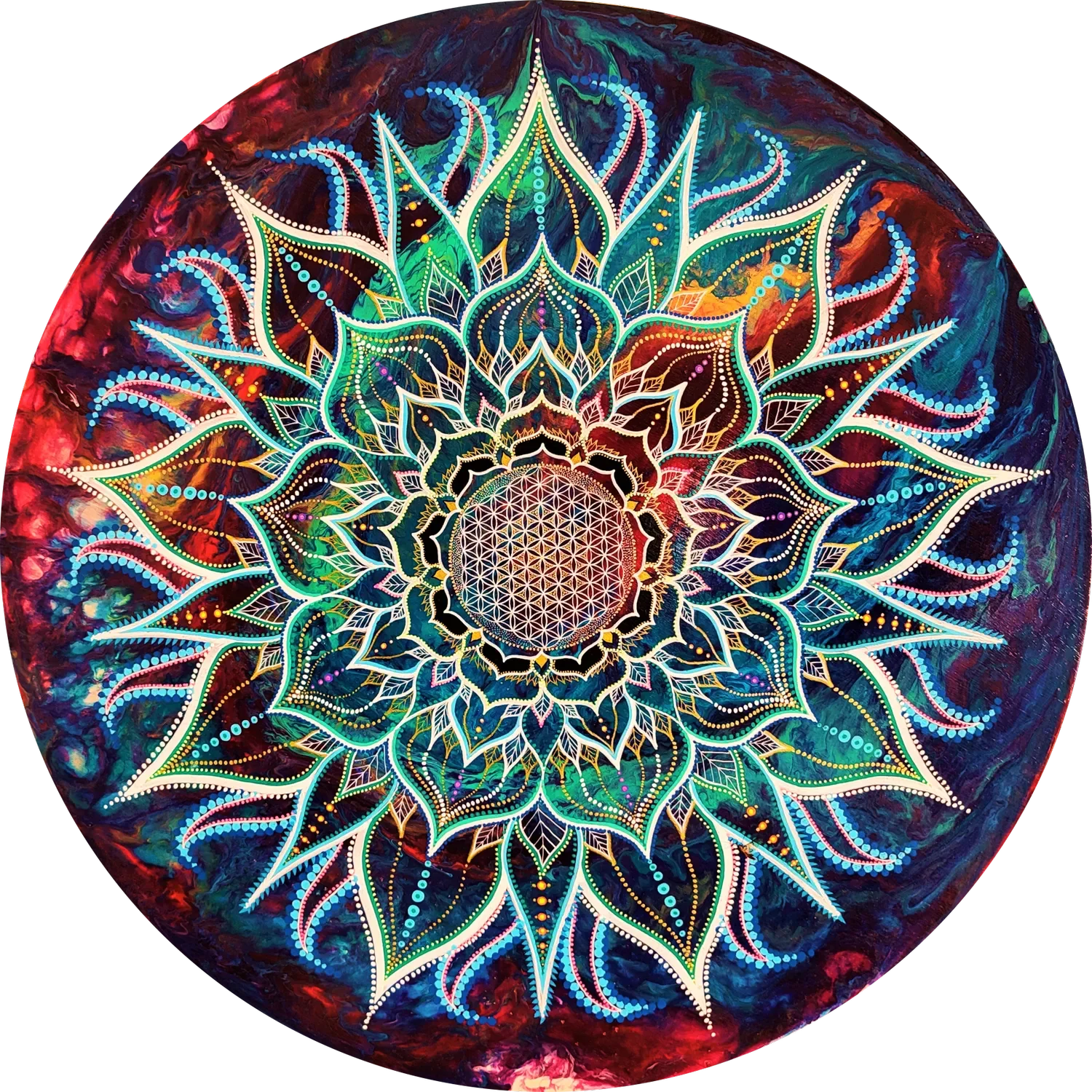 "Compassion" : Peinture abstraite visionnaire représentant un mandala symbolique, construit sur des formes circulaires et harmonieuses issues de la géométrie sacrée, par Tom Dusauvage.