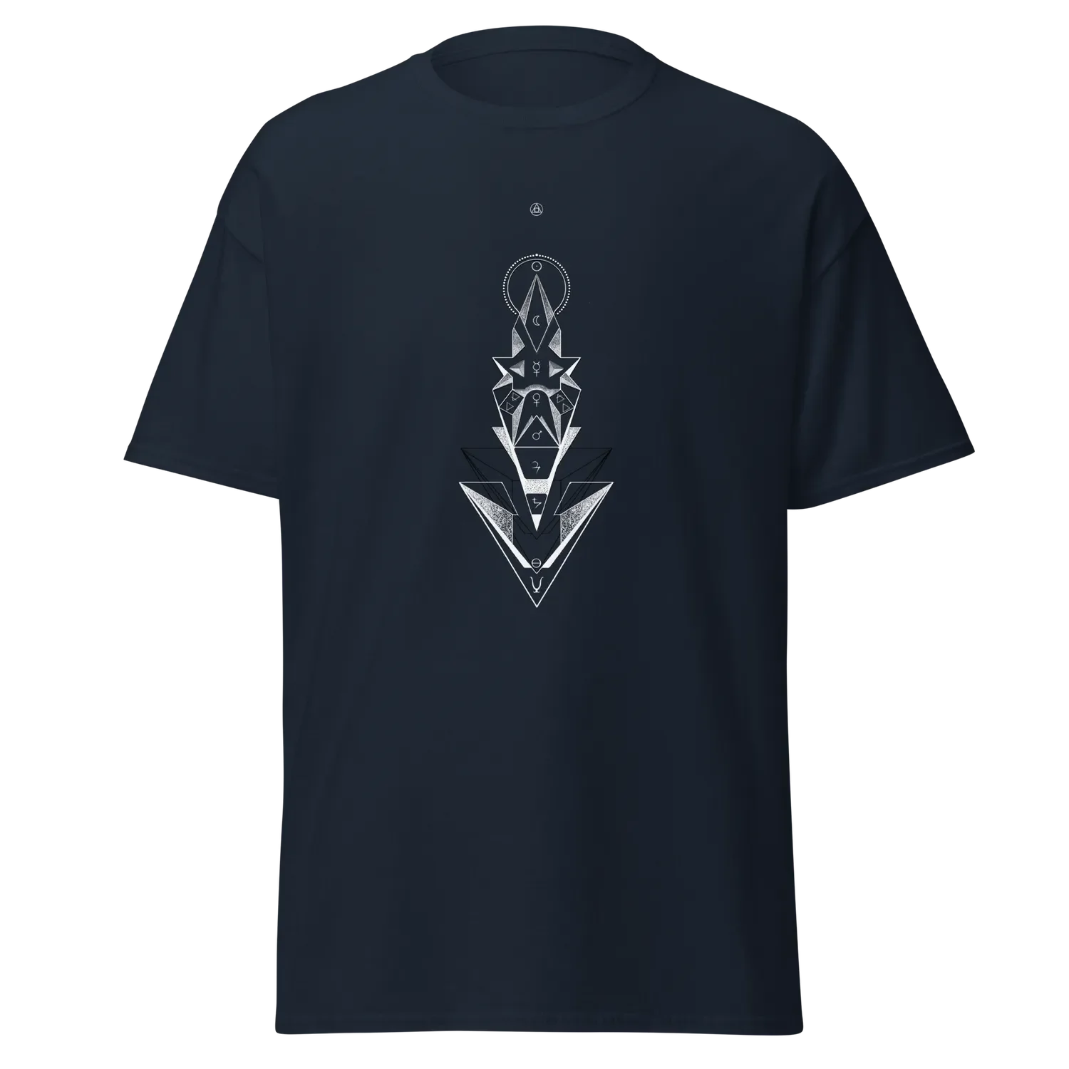 T-shirt navy blue unisex imprimé avec un design alchimique "Transmutation" inspiré de l’art visionnaire et des symboles cosmiques, par Tom Dusauvage.