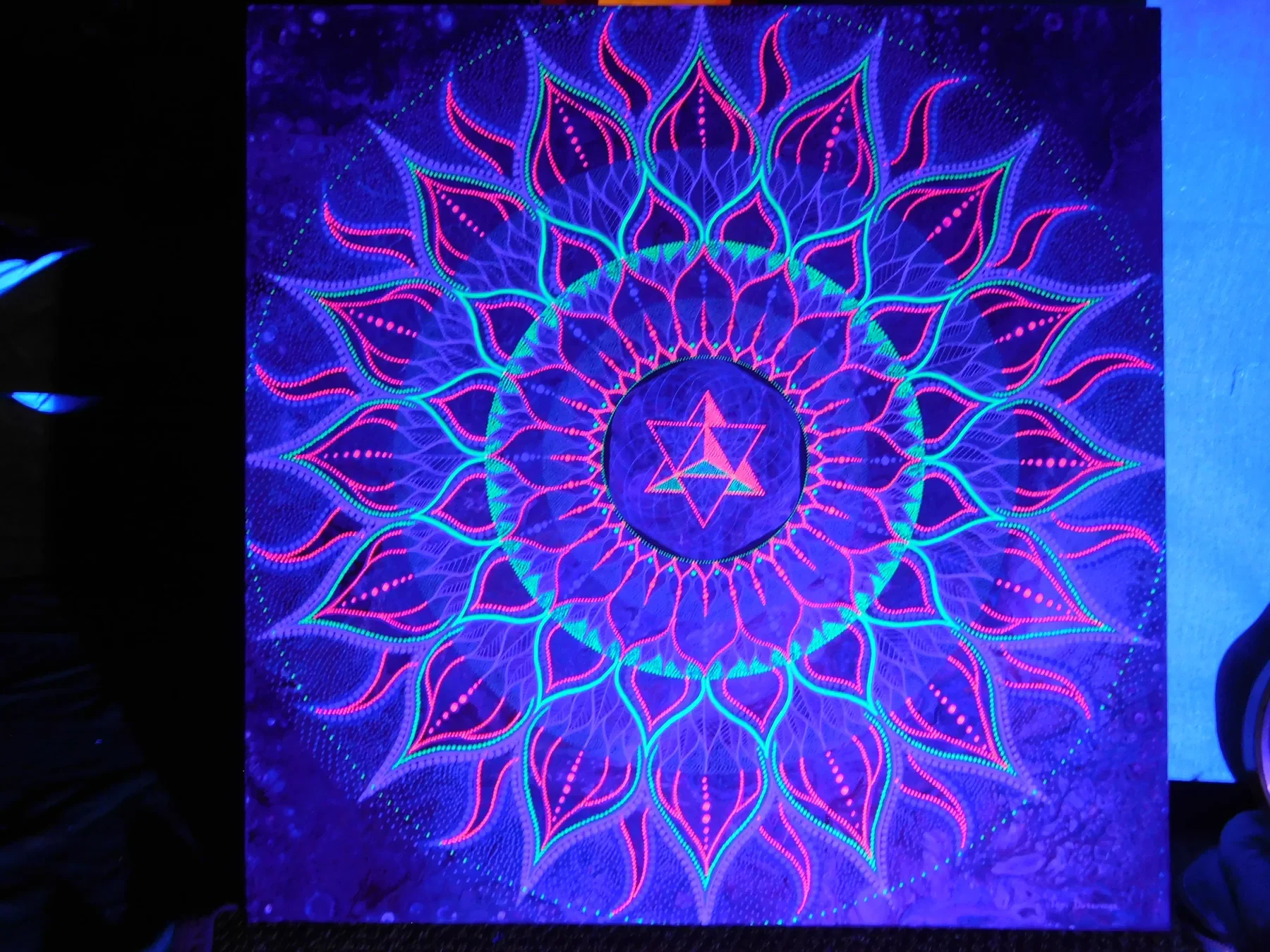 Vue nocturne sous lumière noire de "Psychedelicious" oeuvre de géométrie sacrée aux motifs organiques et concentriques, avec la fleur de vie et la merkaba au centre, peint à l’acrylique fluorescente sur toile par Tom Dusauvage.