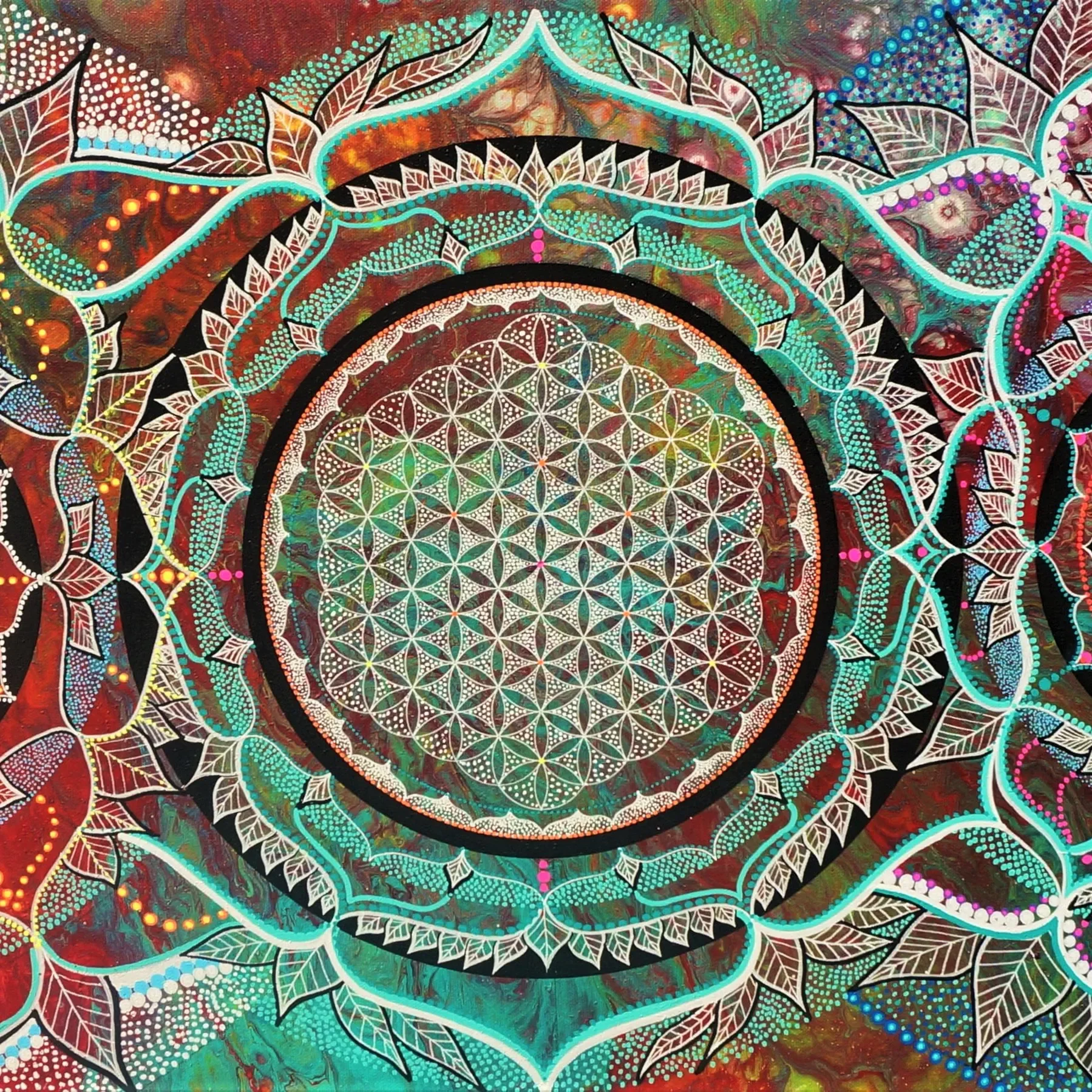 Détails central de la fleur de vie dans l'oeuvre "Evolution" de Tom Dusauvage, artiste visionnaire. Design de géométrie sacrée coloré avec 3 mandala intriquée avec des fleurs et des feuilles, en couleurs vives, tons turquoises et rouge.