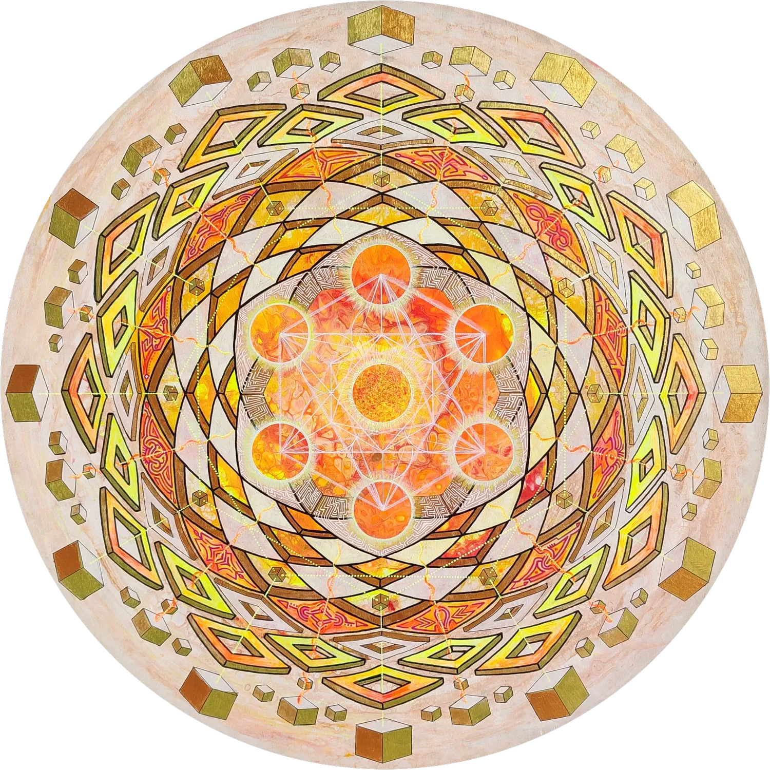 "Seven suns" Peinture originale de Tom Dusauvage, art visionnaire inspiré de la géométrie sacrée, incluant des cercles, des lignes, des cubes 3D et des soleils disposés en cube de métatron évoquant une représentation spirituelle ou ésotérique.