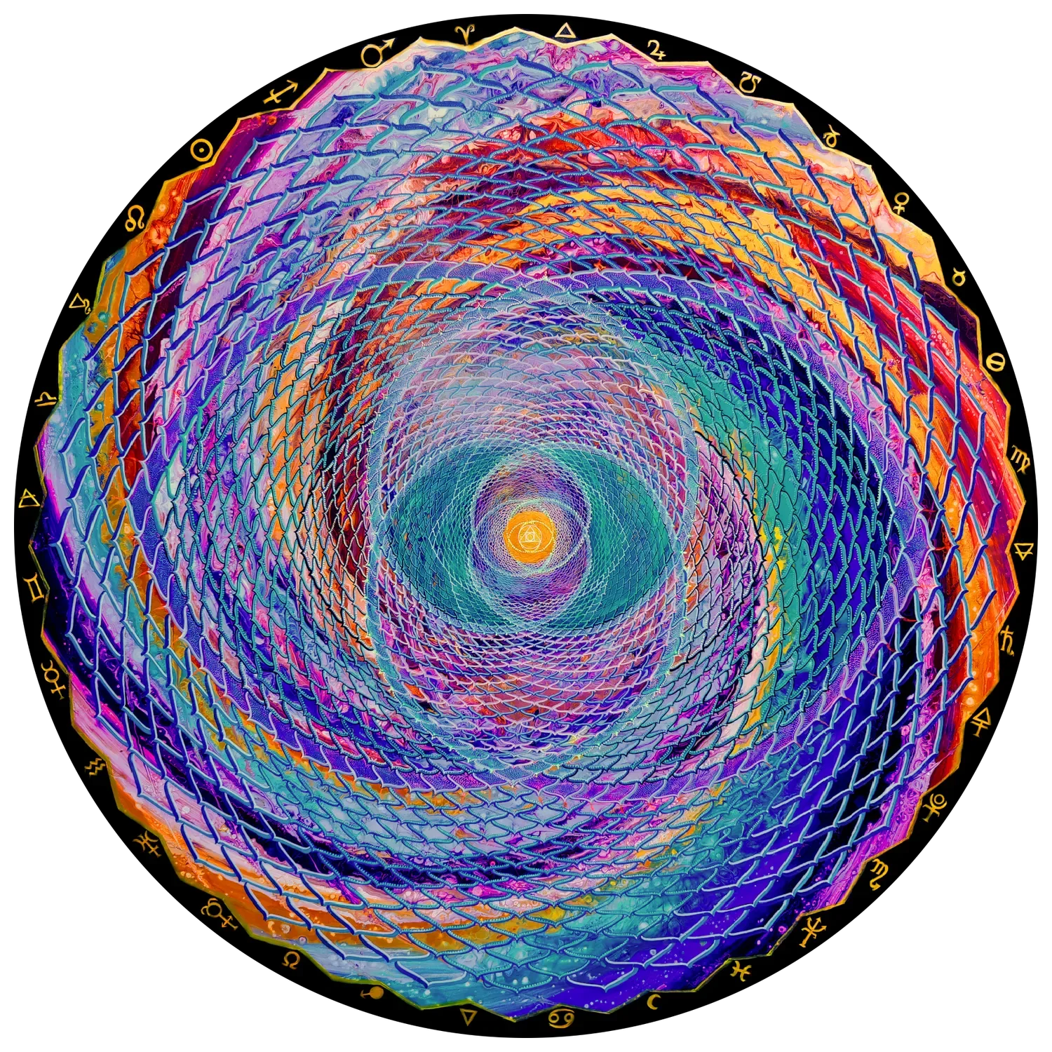 "Quintessence" Peinture visionnaire abstraite représentant un mandala de géométrie sacrée aux formes spiralées, symboles astrologiques et alchimiques, acrylique sur bois par l’artiste Tom Dusauvage.