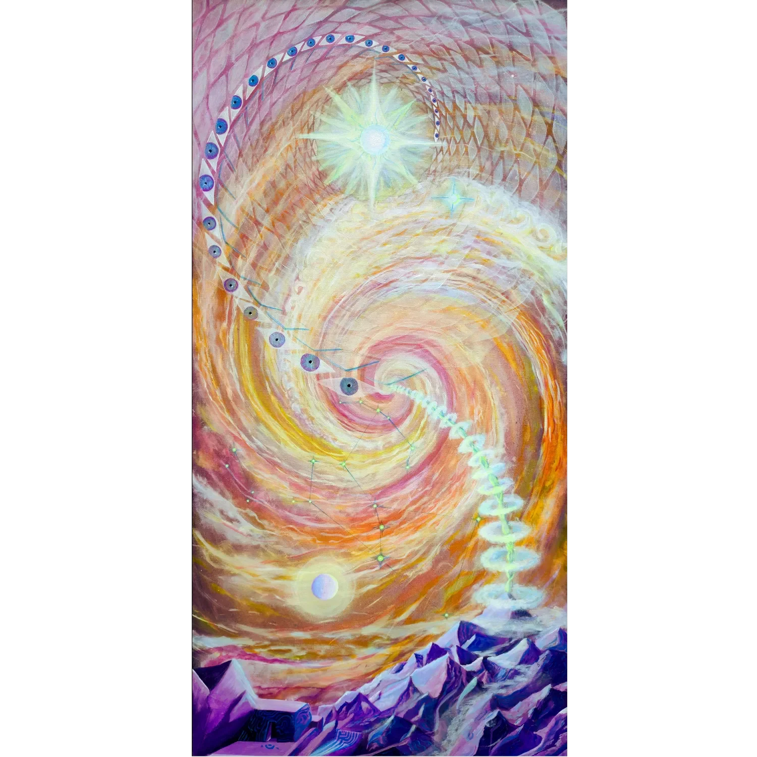"Exoplanet" Œuvre abstraite visionnaire représentant galaxie spiralé et fractale explorant des paysages montagneux oniriques, et des constellations. Acrylique sur toile par Tom Dusauvage.