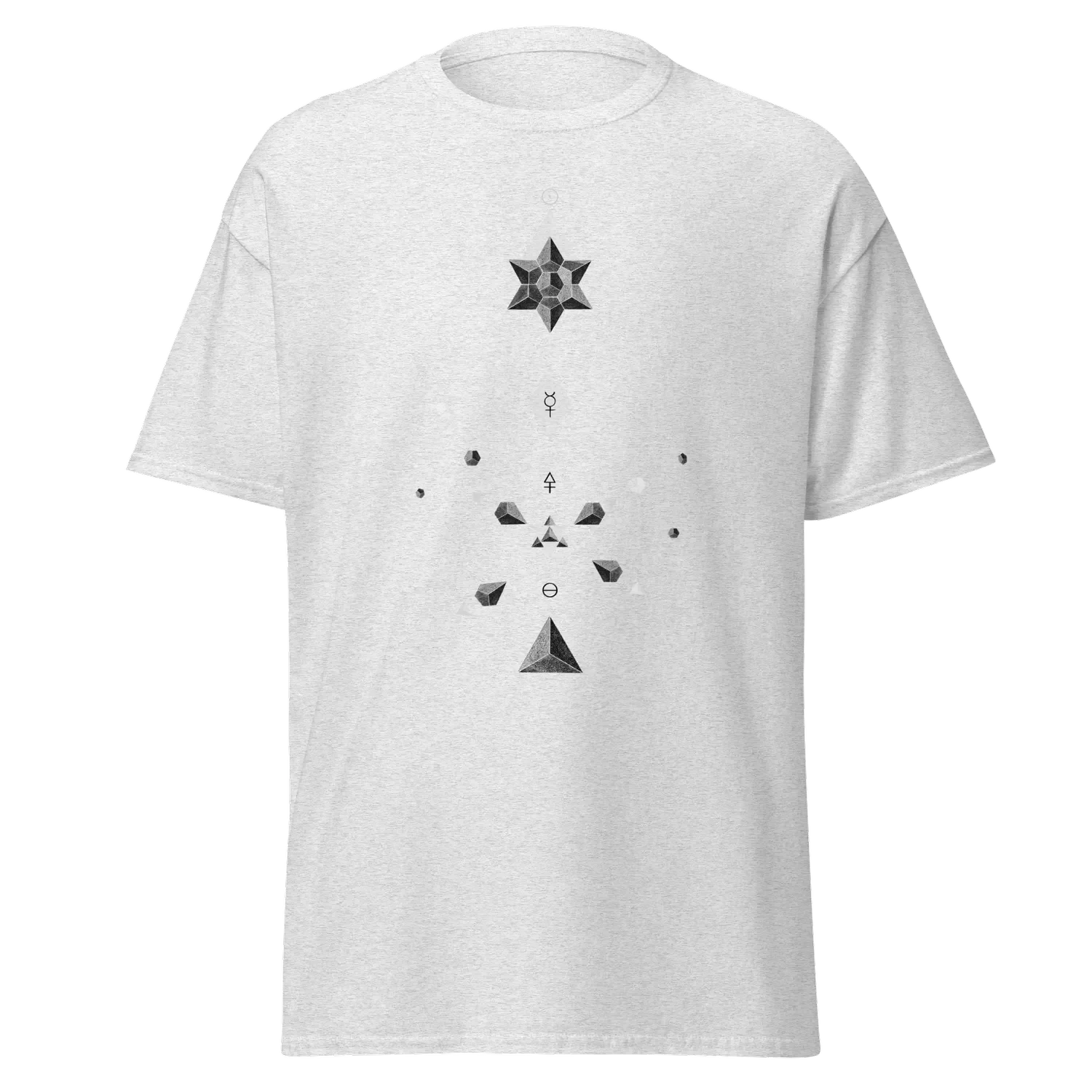 T-shirt blanc imprimé avec un design alchimique "Solution" inspiré de l’art visionnaire et des symboles cosmiques, par Tom Dusauvage.