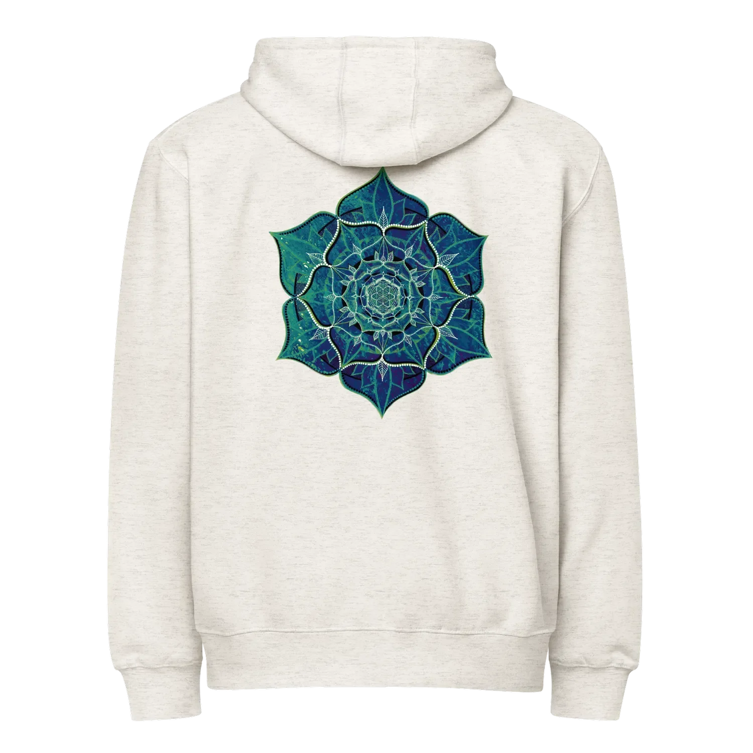 hoodie zip couleur oatmeal imprimé avec un mandala de géométrie sacrée. Element eau. Design inspiré de l’art visionnaire et des symboles cosmiques, par Tom Dusauvage.