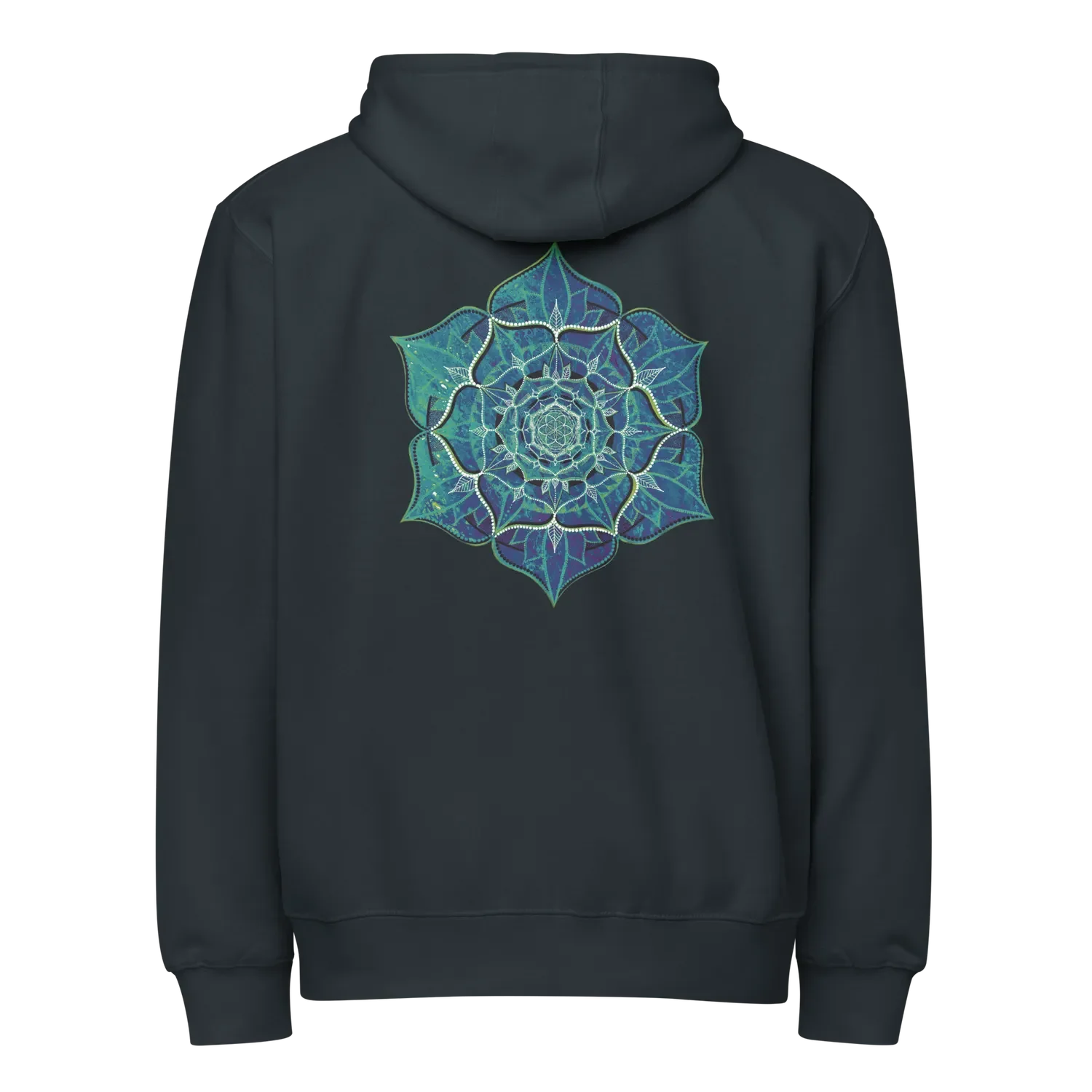 hoodie zip couleur navy blue imprimé avec un mandala de géométrie sacrée. Element eau. Design inspiré de l’art visionnaire et des symboles cosmiques, par Tom Dusauvage.