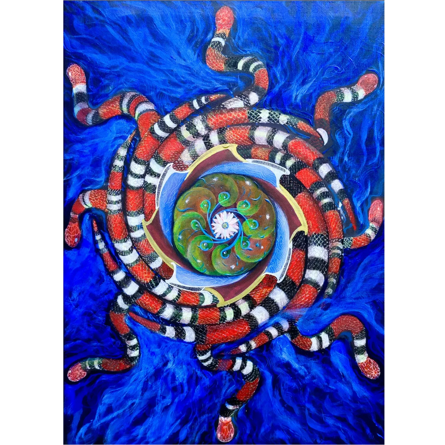 "Octocoral" Peinture visionnaire abstraite représentant un mandala spiralé de serpents et lianes, et peyotl central, peinture acrylique sur toile par l’artiste Tom Dusauvage.
