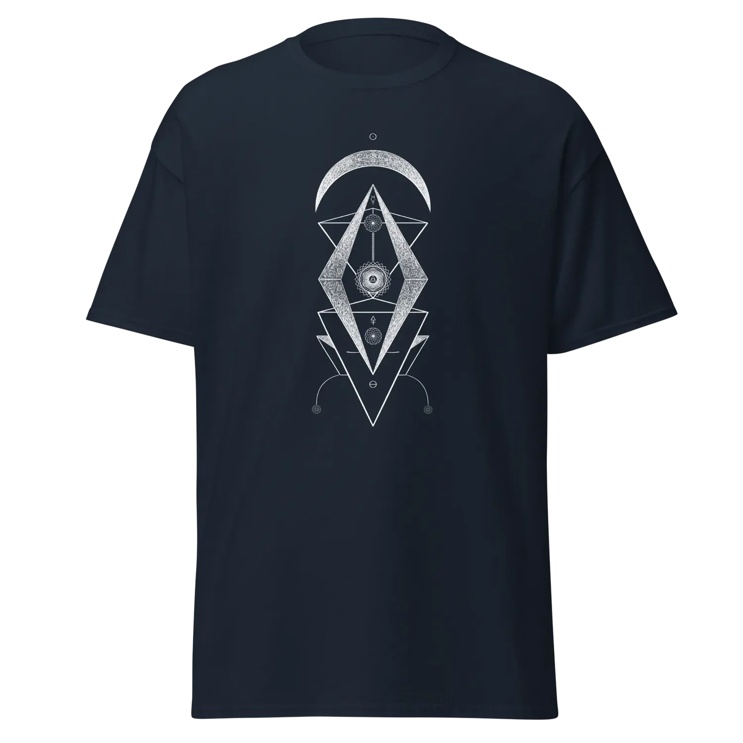 T-shirt navy blue unisex imprimé avec un design alchimique "Fixation" inspiré de l’art visionnaire et des symboles cosmiques, par Tom Dusauvage.