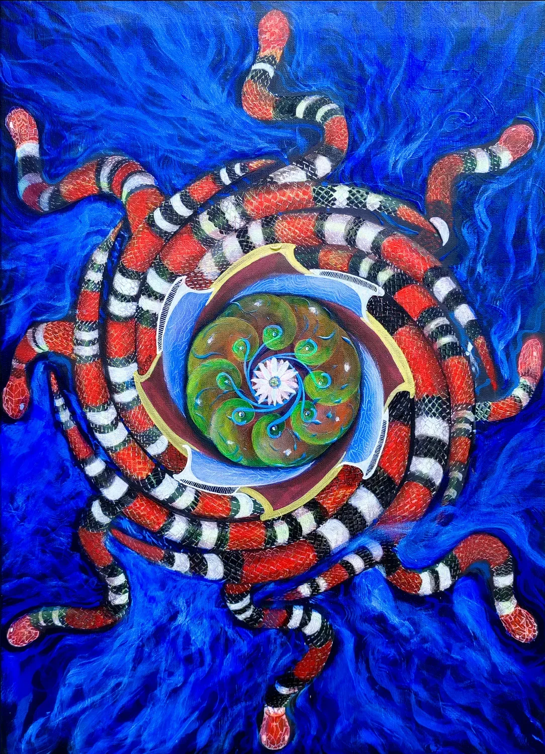 "Octocoral" acrylique sur toile représentant un mandala spiralé de serpents et un peyotl central, de Tom Dusauvage.