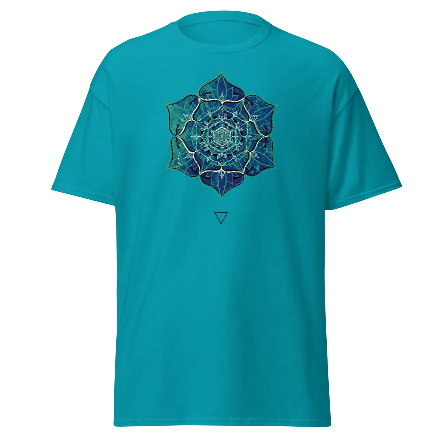 T-shirt couleur turquoise imprimé avec un mandala de géométrie sacrée. Element eau Design inspiré de l’art visionnaire et des symboles cosmiques, par Tom Dusauvage.