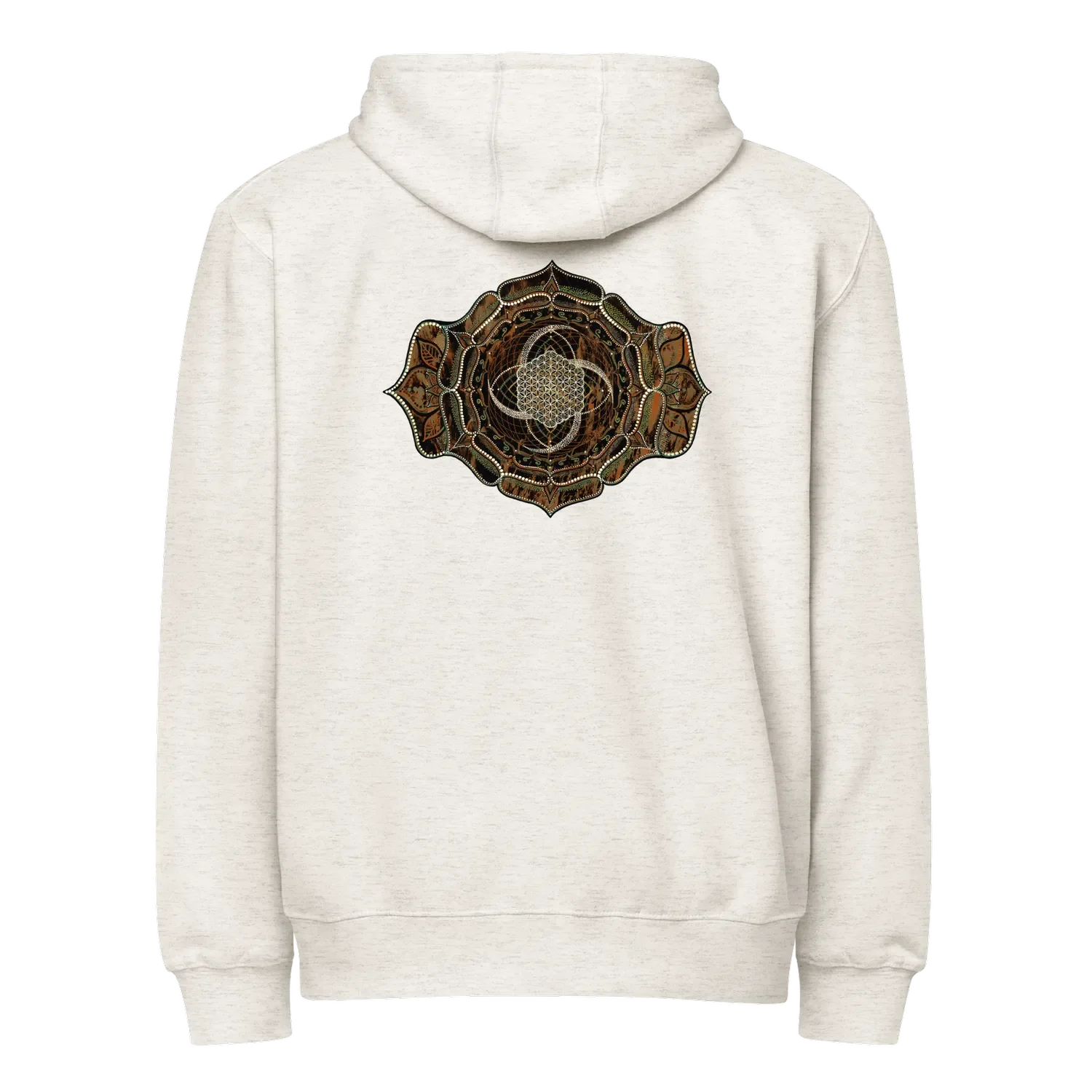 hoodie zip couleur oatmeal imprimé avec un mandala de géométrie sacrée. Element terre Design inspiré de l’art visionnaire et des symboles cosmiques, par Tom Dusauvage.