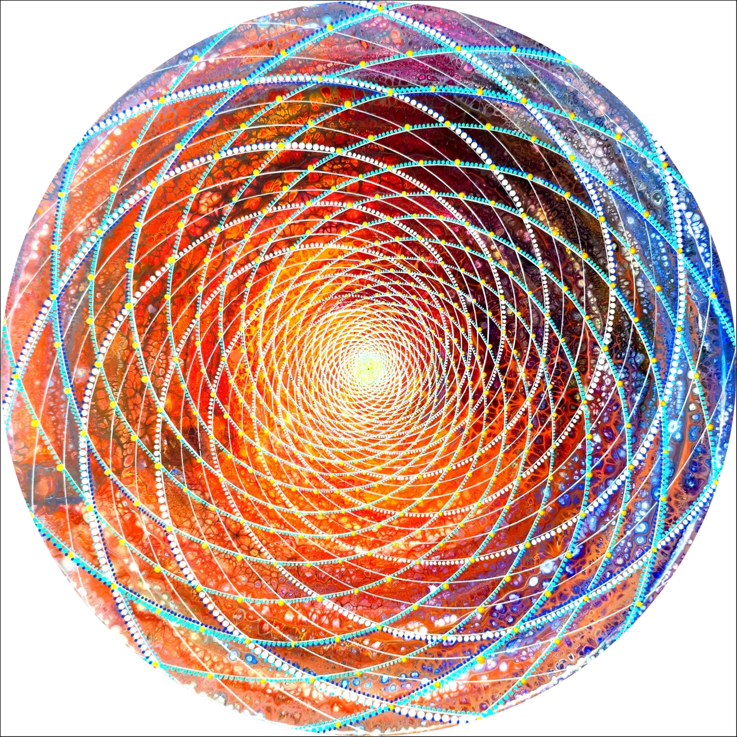 "Galactis" Peinture abstraite, mandala de géométrie sacrée aux formes spiralées, galactiques réalisée à la peinture acrylique sur bois par l’artiste Tom Dusauvage.