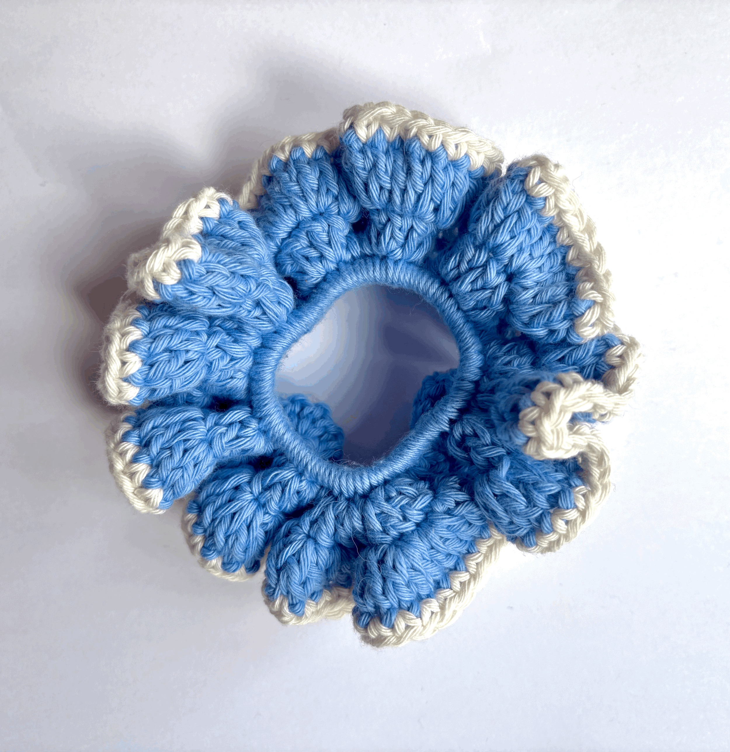 Cornflower blue with cream trim crochet scrunchie