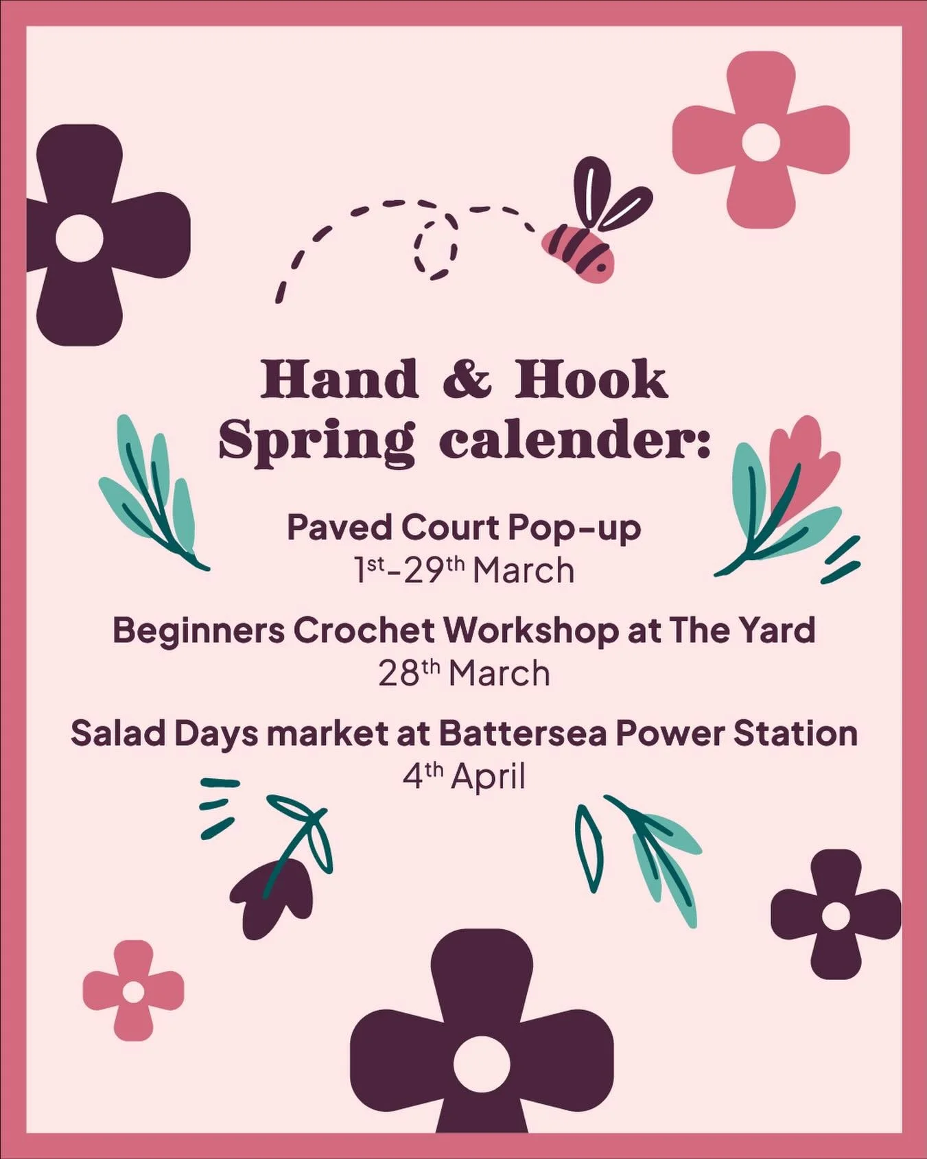 Spring is here! 

I am really excited to have a pop-up, workshop and market booked for Spring! 

🌸 @paved_court_popup is full of beautiful makers, I can&rsquo;t wait to visit the space and shop! 

🌸 Very excited to be bringing my crochet workshops 