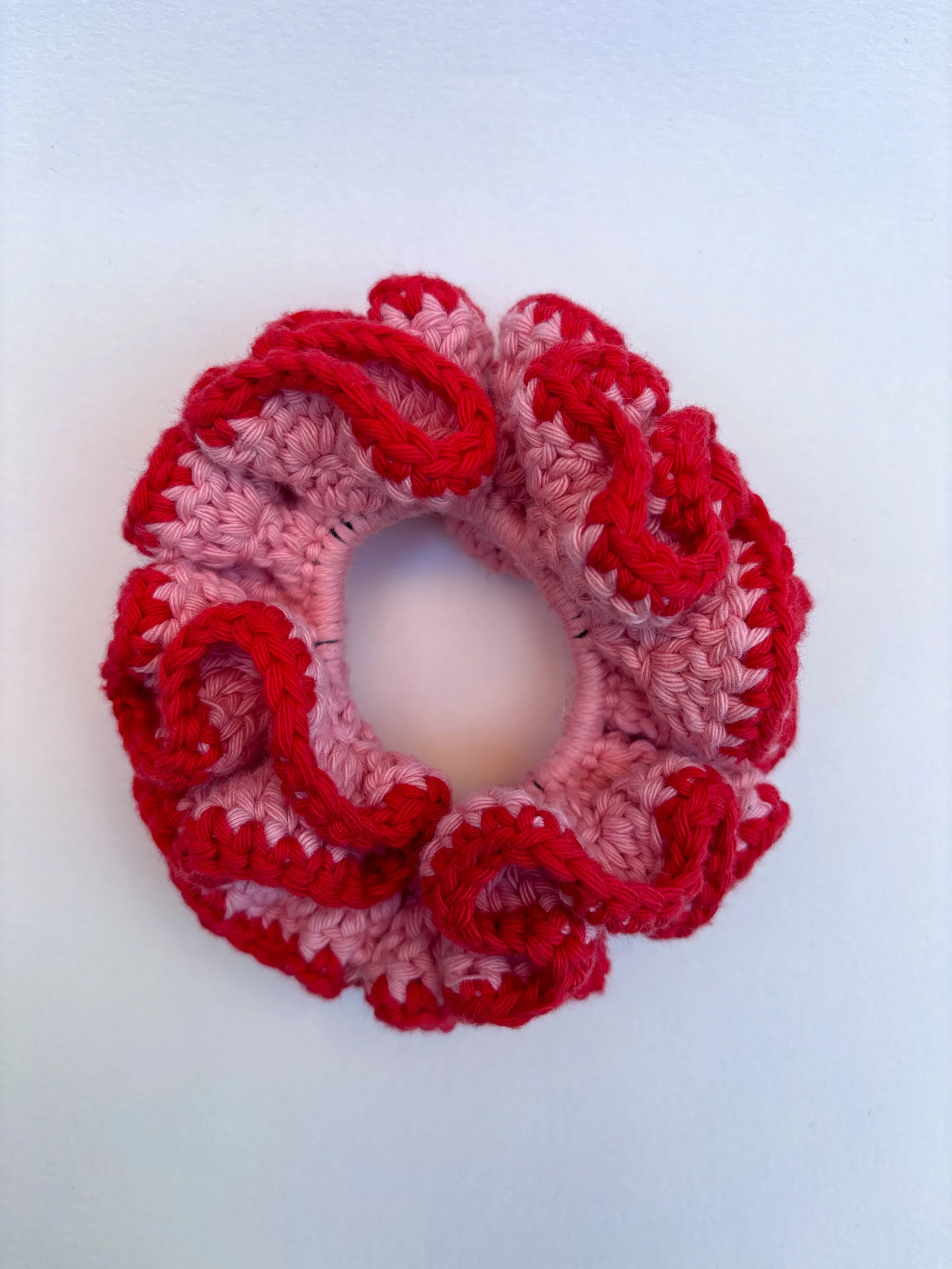 Pink with red trim crochet scrunchie