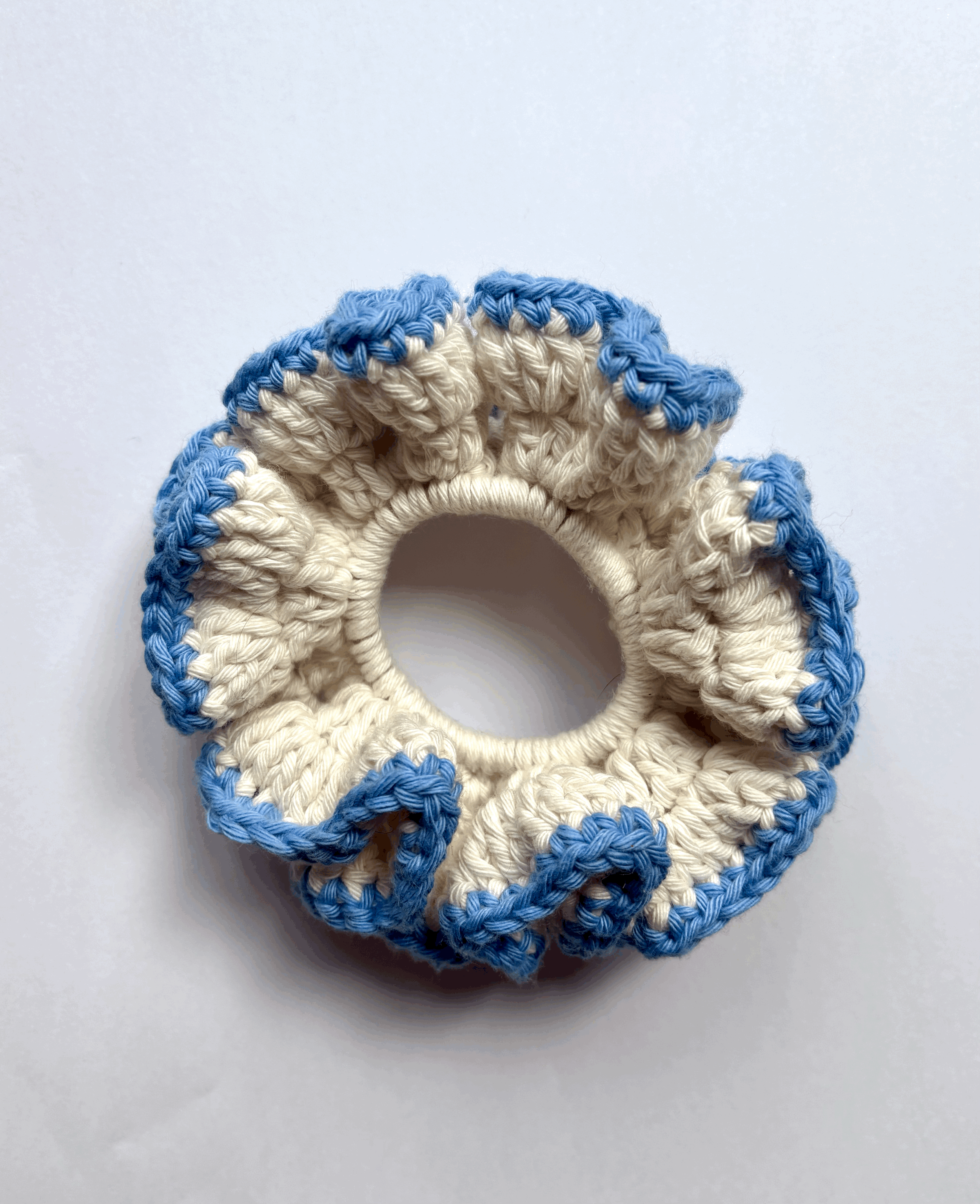 Cream with cornflower blue trim crochet scrunchie