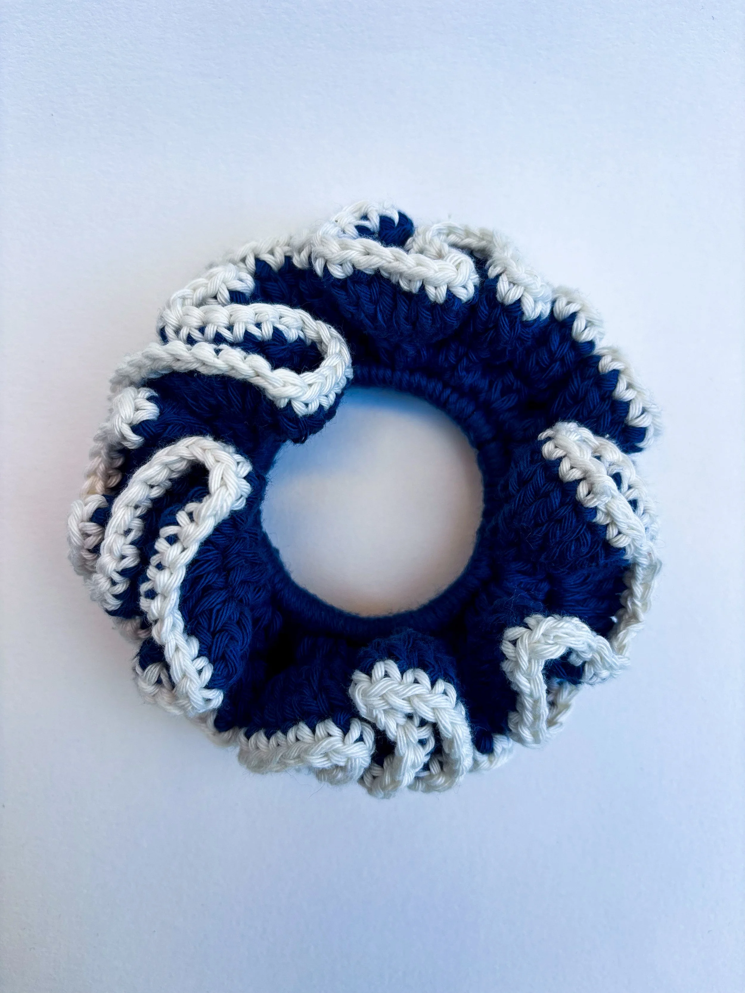 Navy with cream trim crochet scrunchie