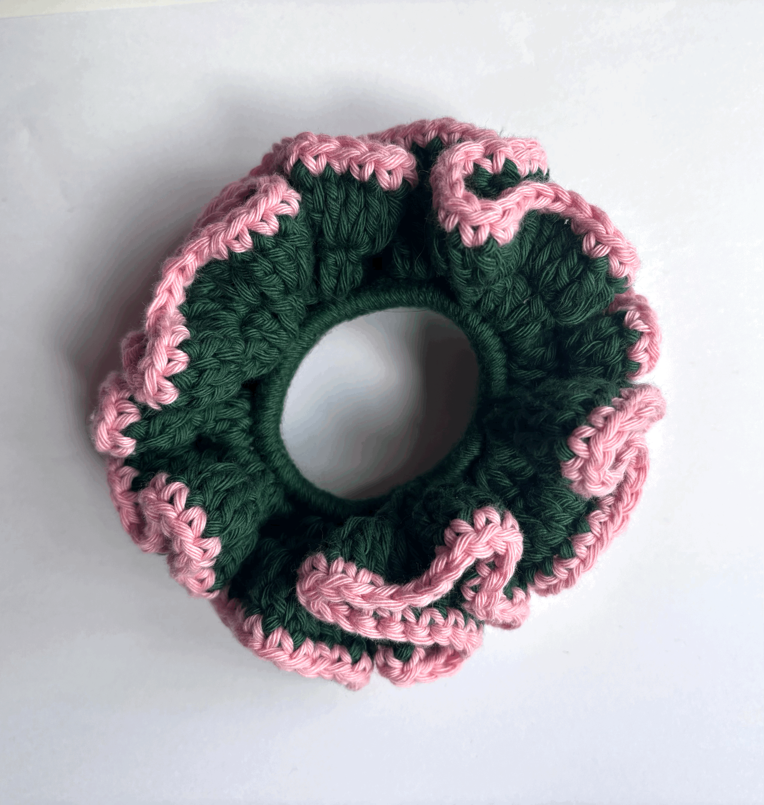 Green with pink trim crochet scrunchie