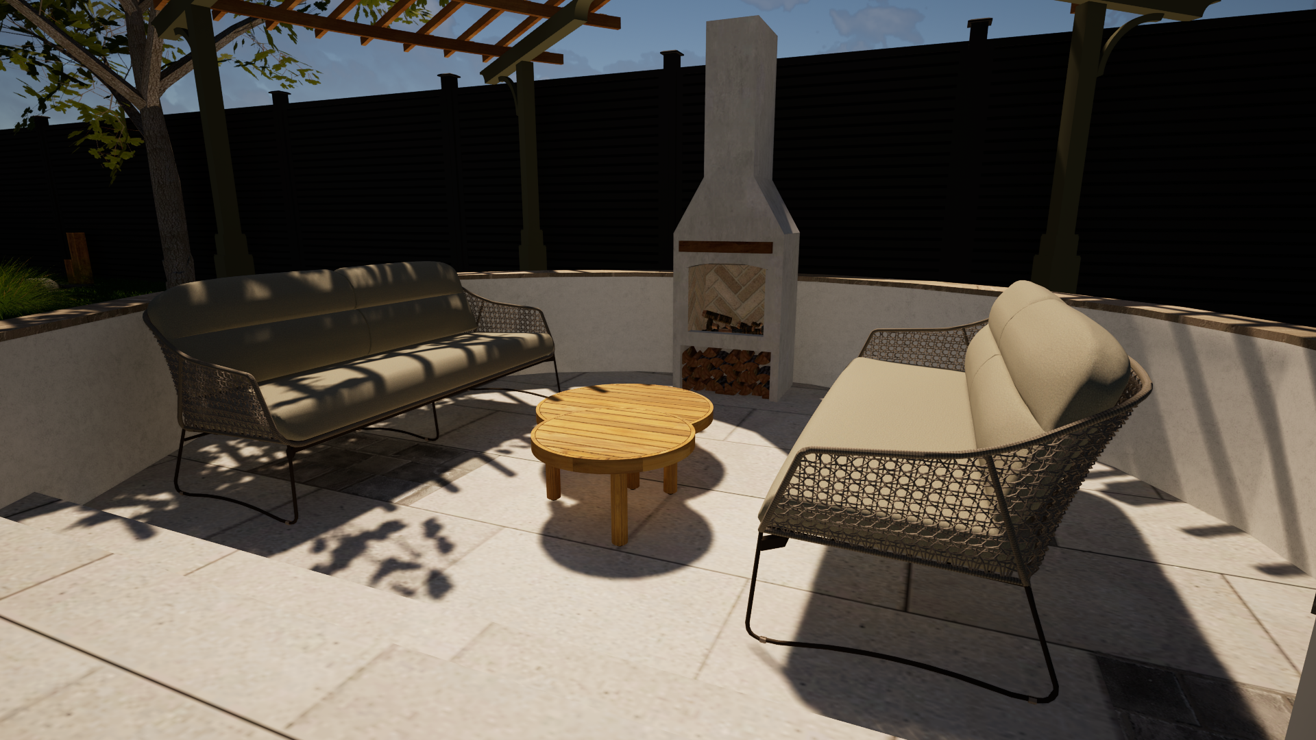 Outdoor patio with two benches, a small round wooden table, a built-in fireplace, and a black fence. Shadows of nearby trees are cast on the patio.