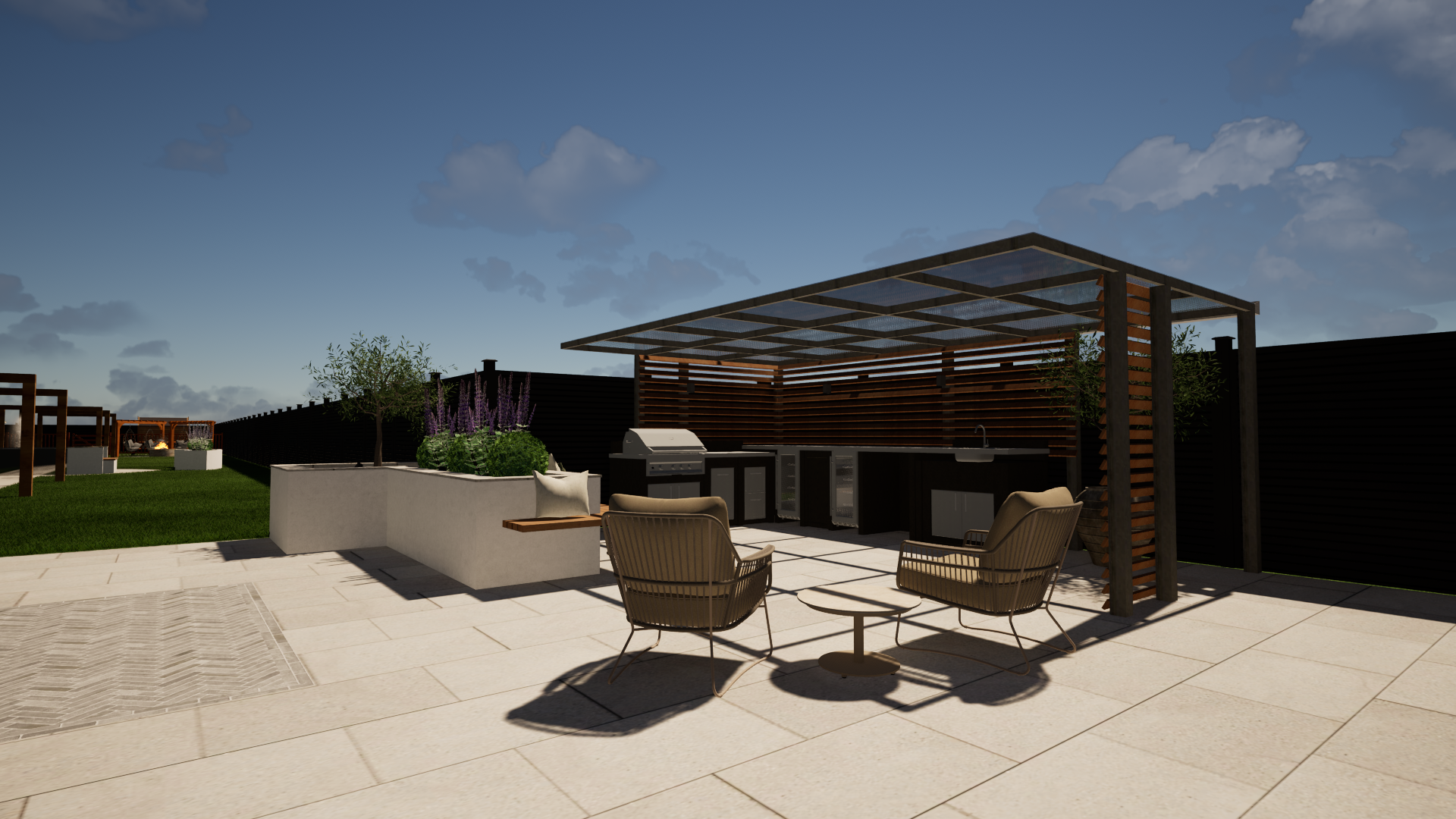 Outdoor patio area with a shaded structure, outdoor kitchen, seating, planters with plants, and a grassy yard with trees.