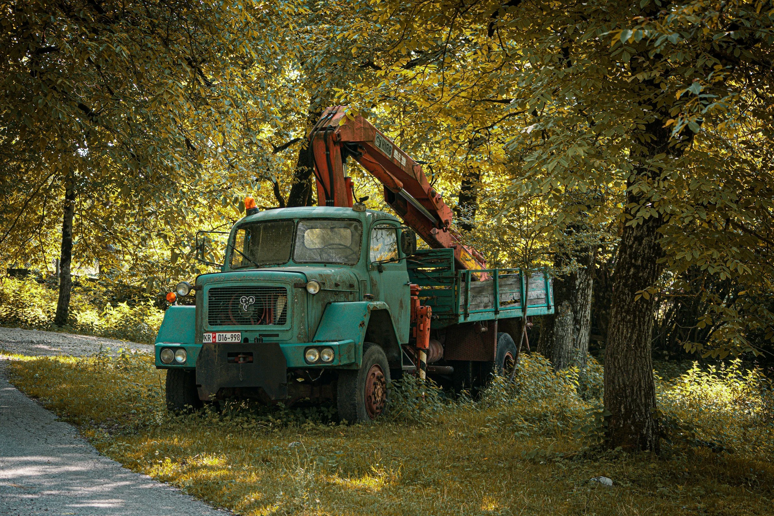 An old, rusty green truck with a crane attachment parked amongst trees and grass in a wooded area.