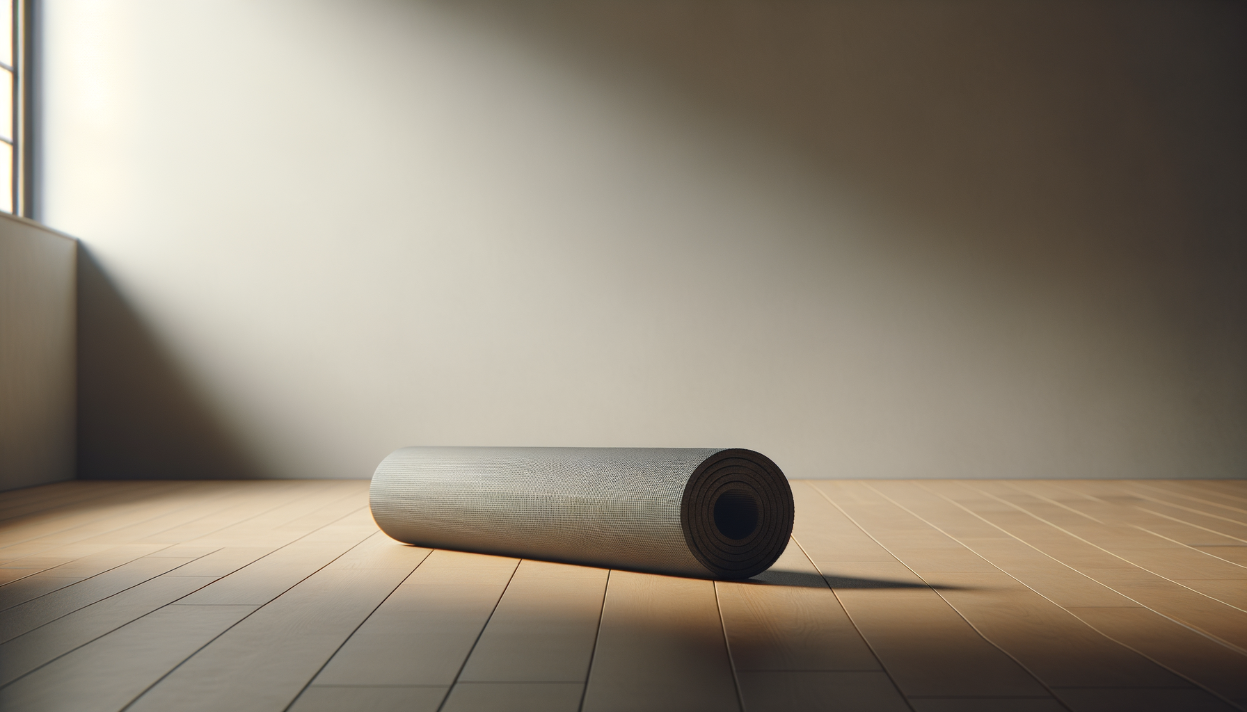 Rolled-up gray yoga mat on wooden floor with sunlight and shadows, in a minimal indoor space.