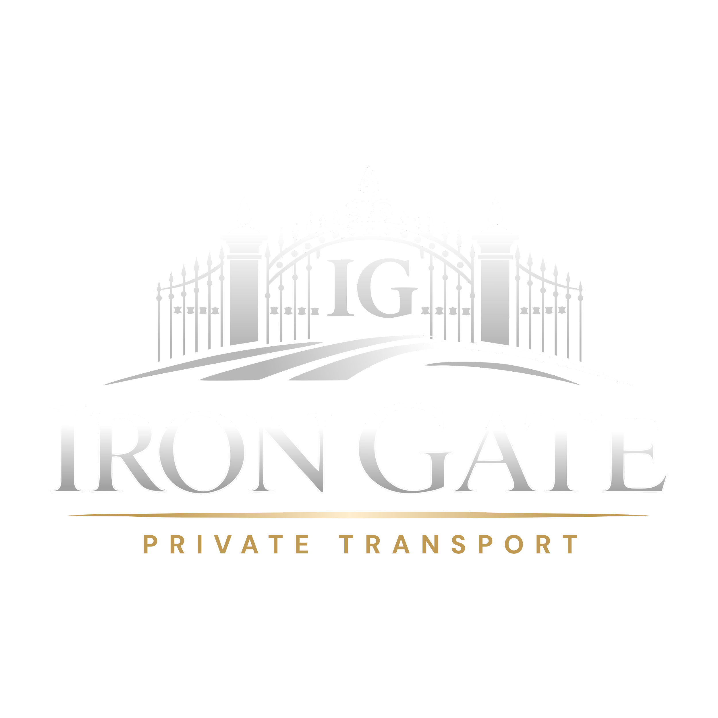 Logo for Iron Gate Private Transport featuring a stylized gate with ironwork and the words 'Iron Gate' and 'Private Transport'.