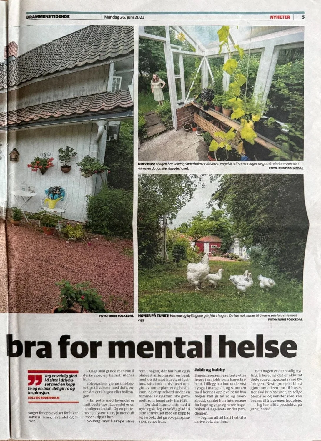 Forsides hagereportasje i Drammens Tidende og Røyken Hurum Avis! En inspirerende reportasje og billedserie fra Sanselig Hage – få tips til hvordan hagen kan brukes som en kilde til sanseopplevelser, indre ro og nytt overskudd. (NB: saken ligger bak b