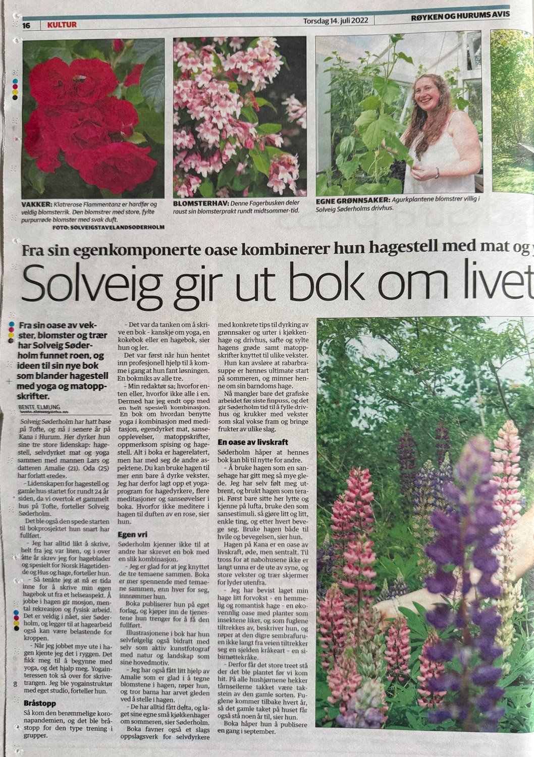 Solveig Søderholm lanserer en hagebok som kombinerer hagestell, mat (selvdyrket), og yoga – en "tre i én"-tilnærming for velvære i naturen, slik det ble dekket i Røyken og Hurums Avis