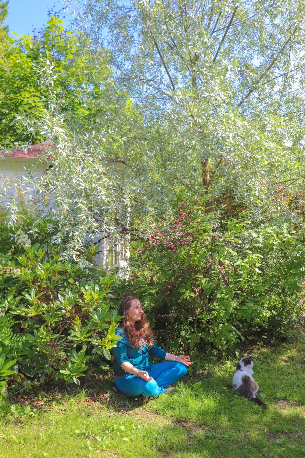 Kvinne sitter i meditasjonsstilling på bakken i en hage med en katt ved siden av seg.