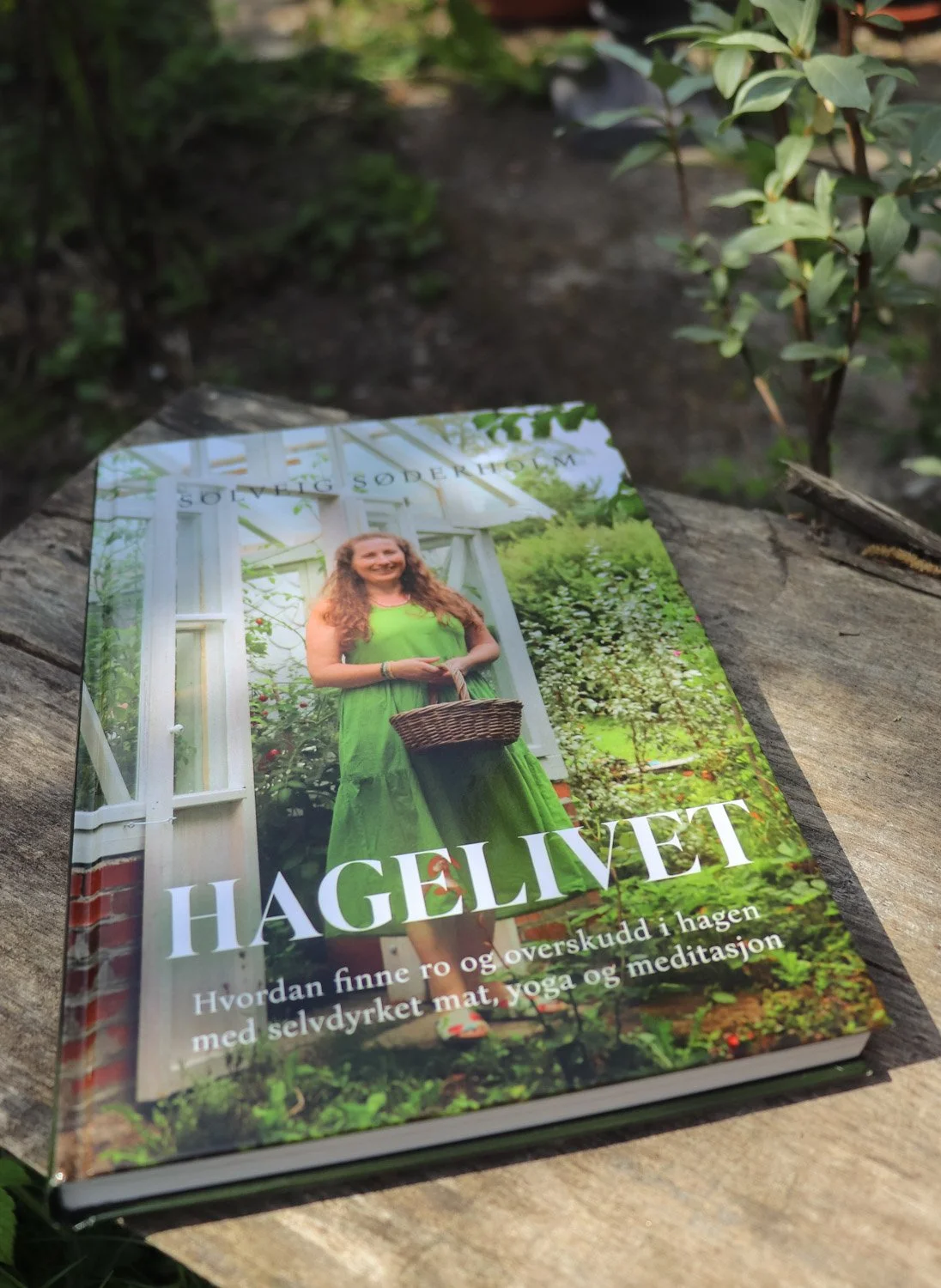 Boken Hagelivet av Solveig Søderholm ligger på en benk i hagen – en bok om hageglede, ro, sanselige øyeblikk og nærvær i hverdagen.