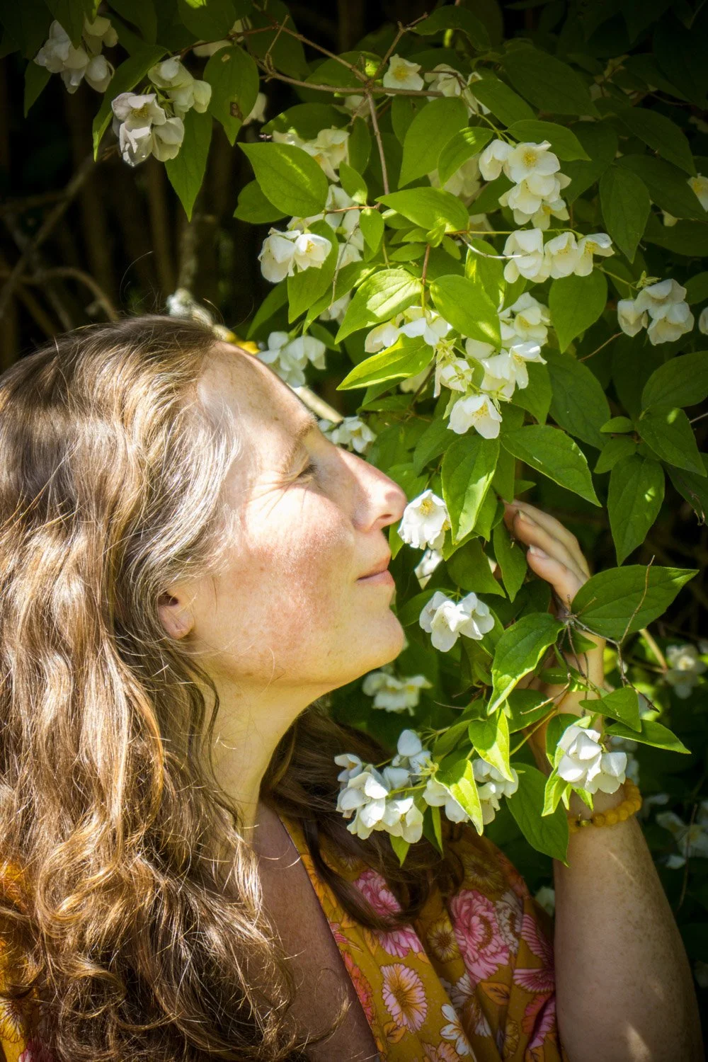 Kvinne mediterer ute i hagen og dufter inn en jasminbusk i blomst.