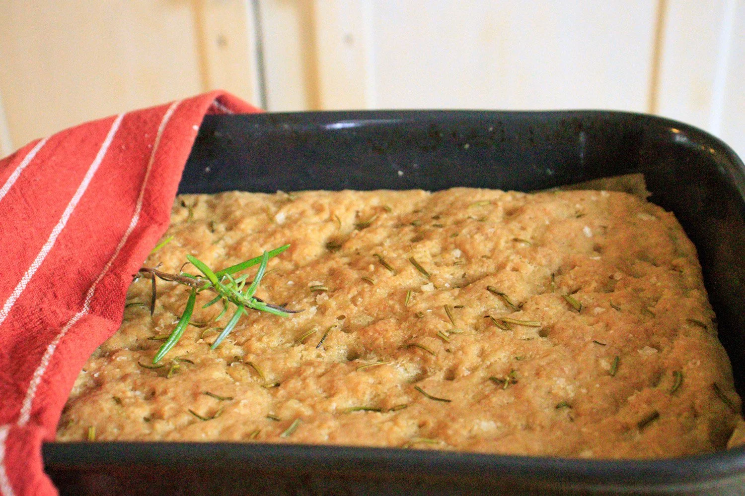 Glutenfri focaccia med rismel, havremel og Maizena rett fra ovnen