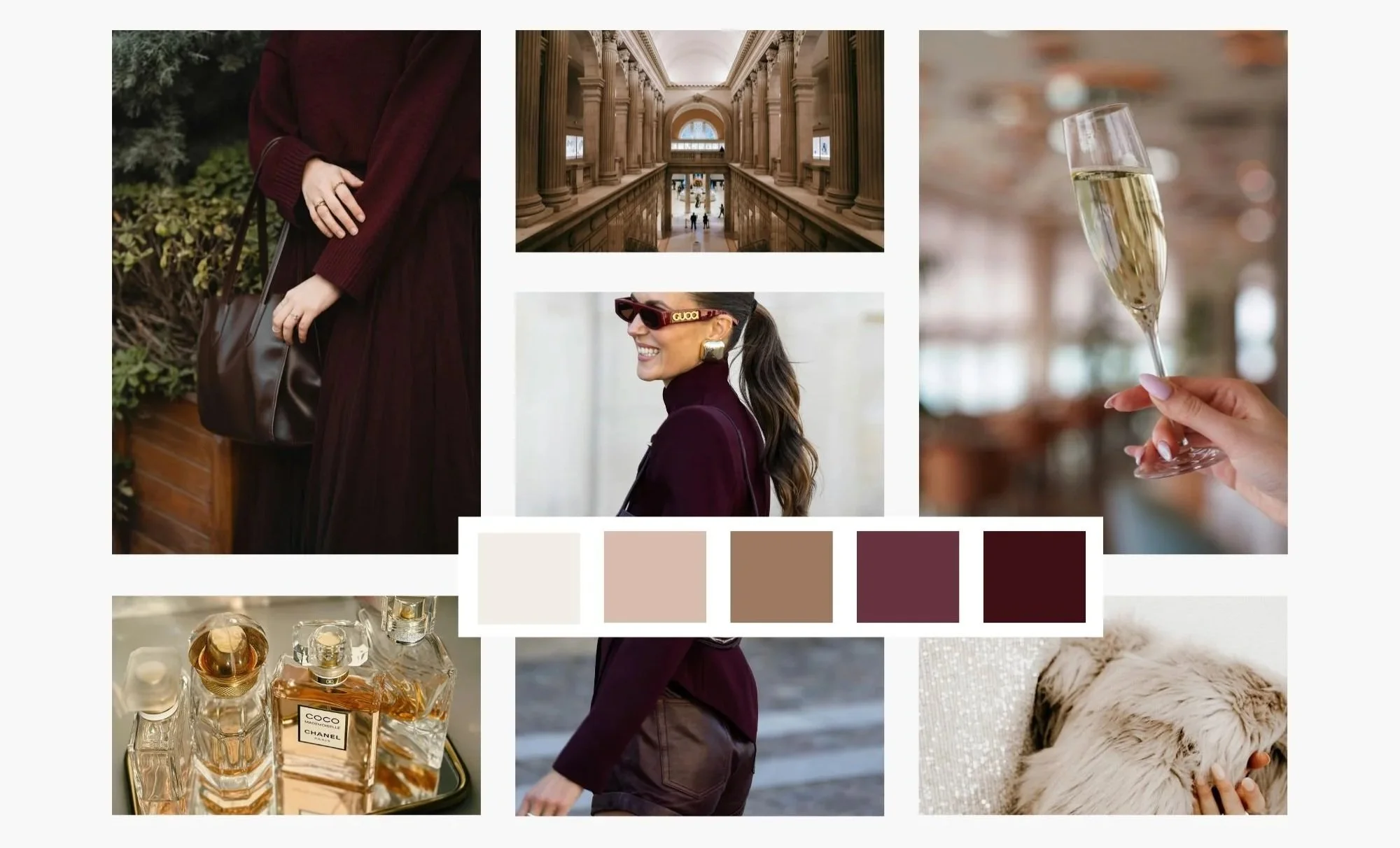 Brand moodboard for Ashley Schafer, image consultant and wardrobe stylist — featuring luxury color palette and refined visual identity
