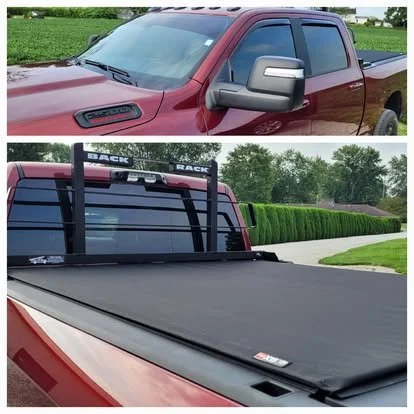 Ram truck with window and windshield tint. Back Rack cab protection and Truxedo Pro X15 soft rolling cover by RealTruck.