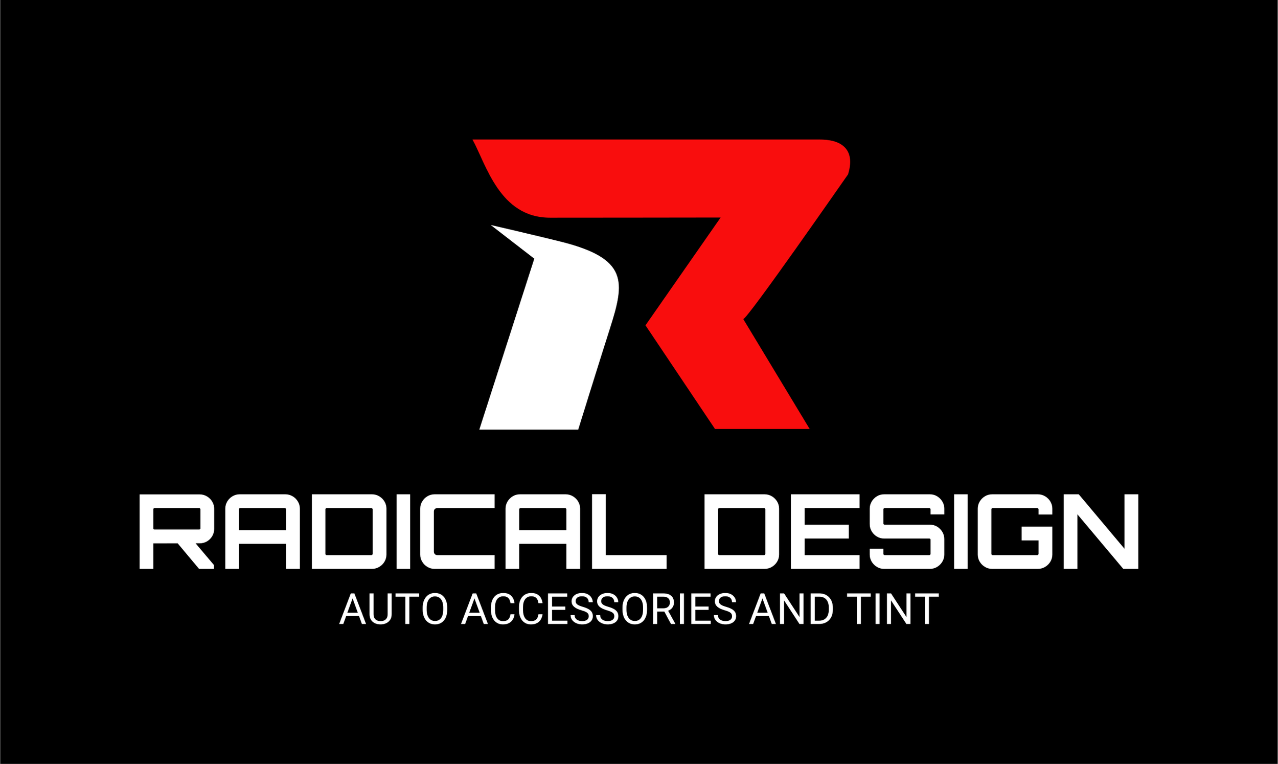 Logo for Radical Design Auto Accessories and Tint, featuring a stylized letter R with red and white elements on a black background.