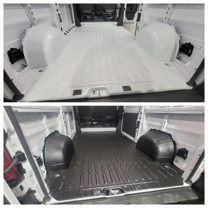 Before and after of a custom spray-in bedliner to the floor on the inside of a contractor van. 