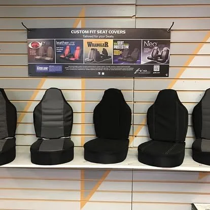 Display of custom-fit seat cover options carried at Radical Design. 