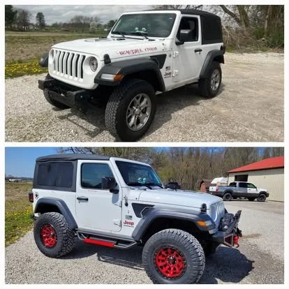 Before and after for custom Jeep Wrangler. Tinted windows with lift kit, custom red wheels, off road tires and red nerf bars. 
