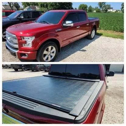 Ford F150 with window tint on all windows and the full windshield and a Roll N Lock tonneau cover.
