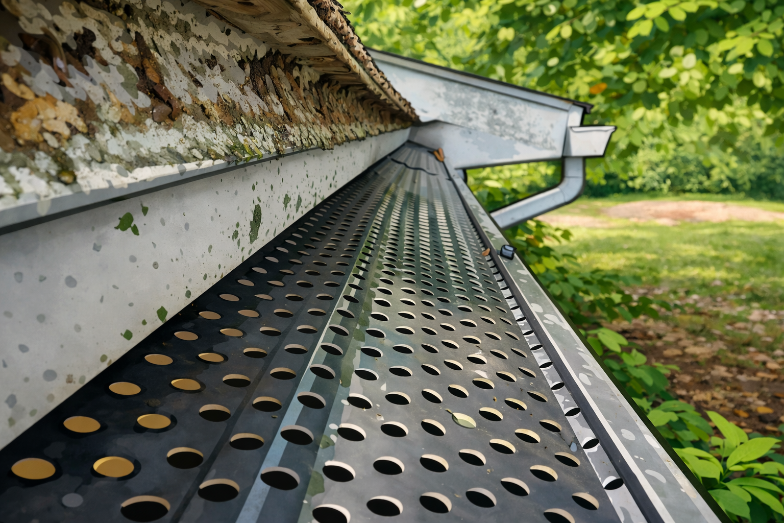 Close-up view from the roof of a house, showing shingles, gutter, and a perforated metal flashing along the edge, with green trees and grass in the background.