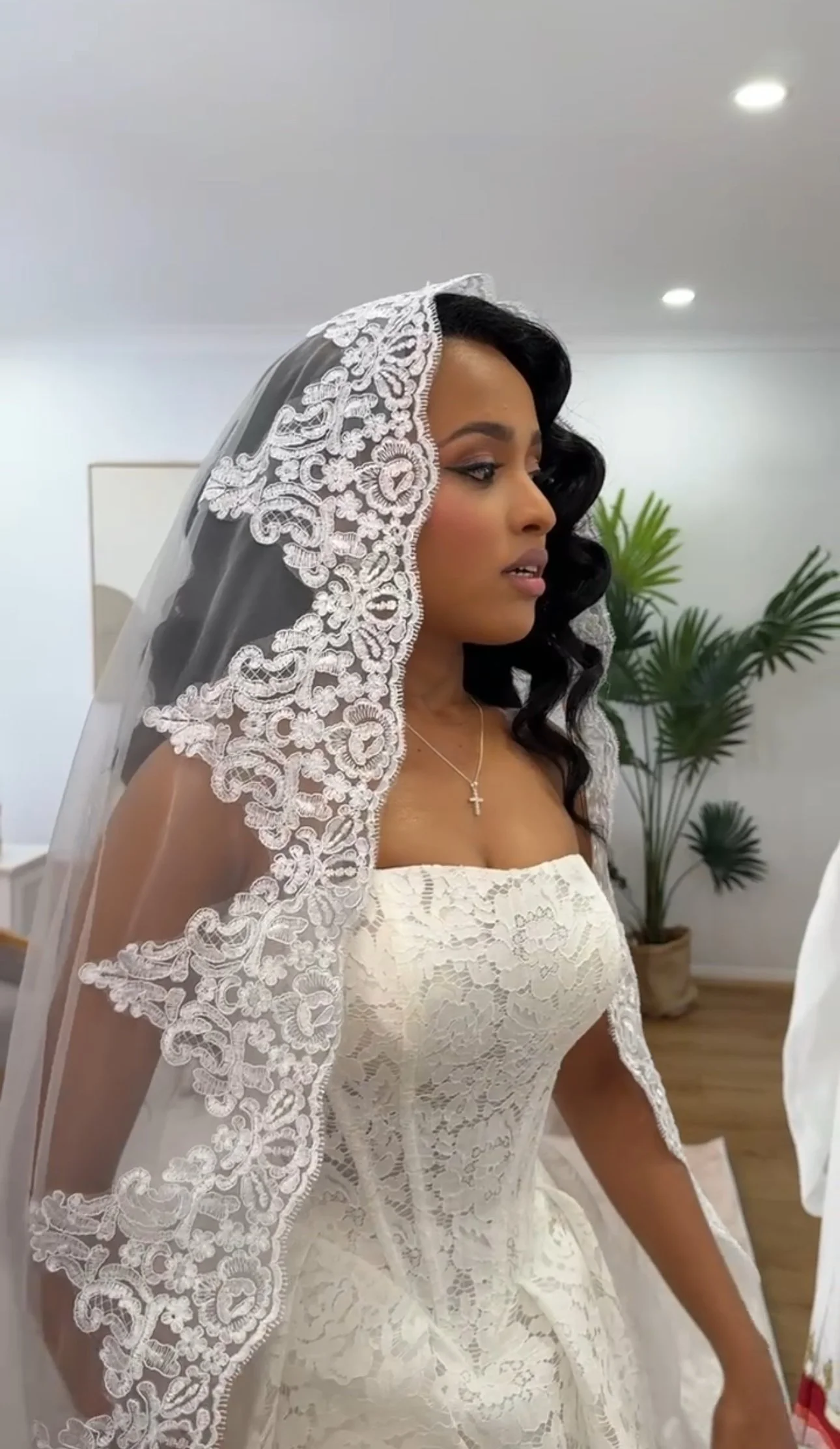 A woman in wedding dress with lace veil, standing indoors with potted plants in the background.