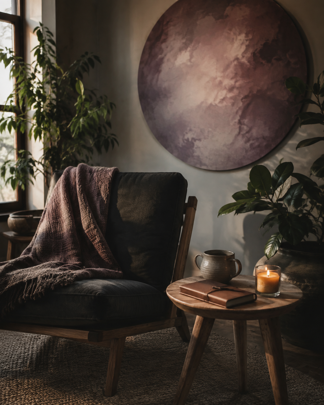 A warm, quiet sitting space with a journal, candle, plants, and soft natural light.