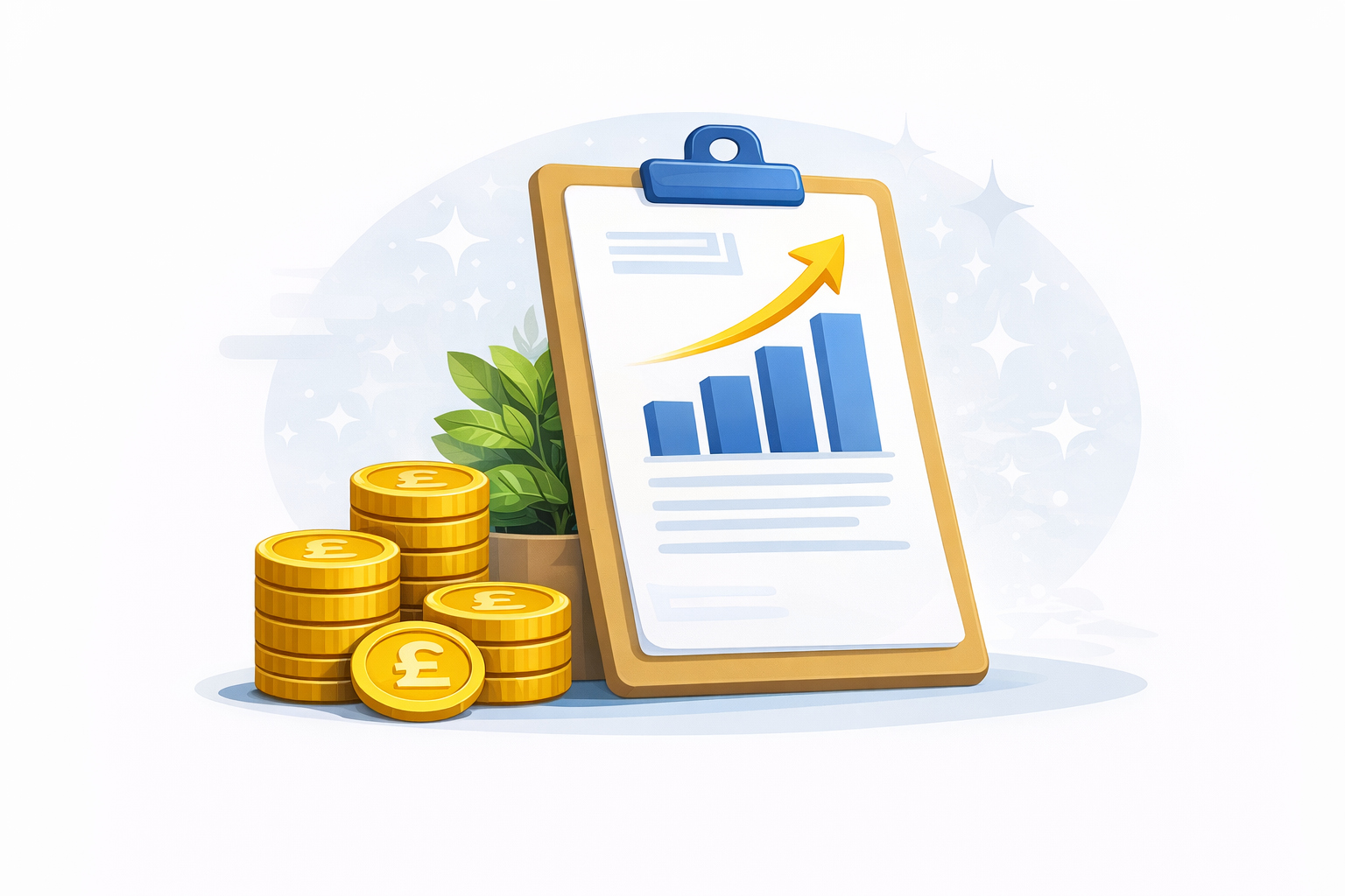 Financial growth concept with stacked coins, a potted plant, and a clipboard showing a rising bar graph with an upward arrow.
