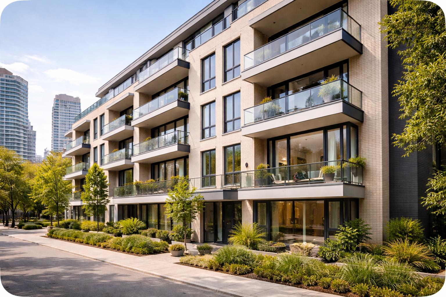 Modern multi-story apartment building with glass balconies and landscaped trees and shrubs in the foreground