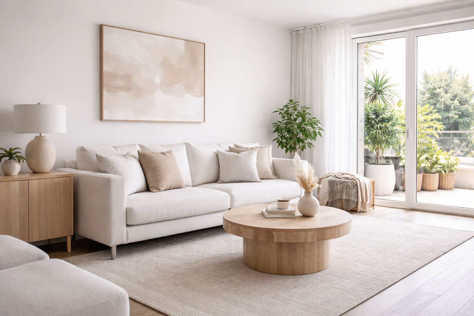 Bright living room with white sofa, beige pillows, wooden coffee table with vases, and sliding glass door with potted plants outside.