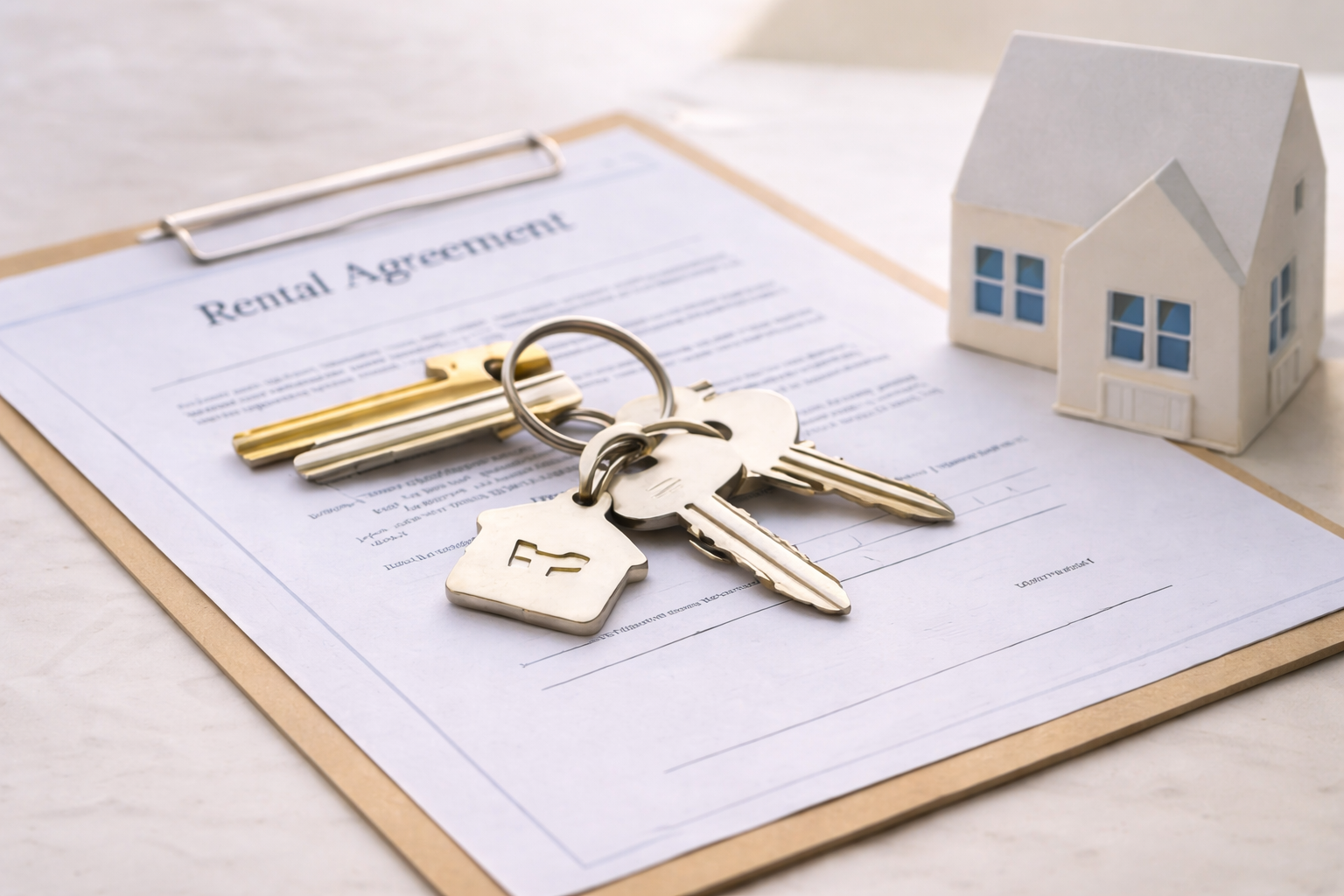 Rental agreement on a clipboard with keys and a house-shaped keychain, and a small model house in the background.
