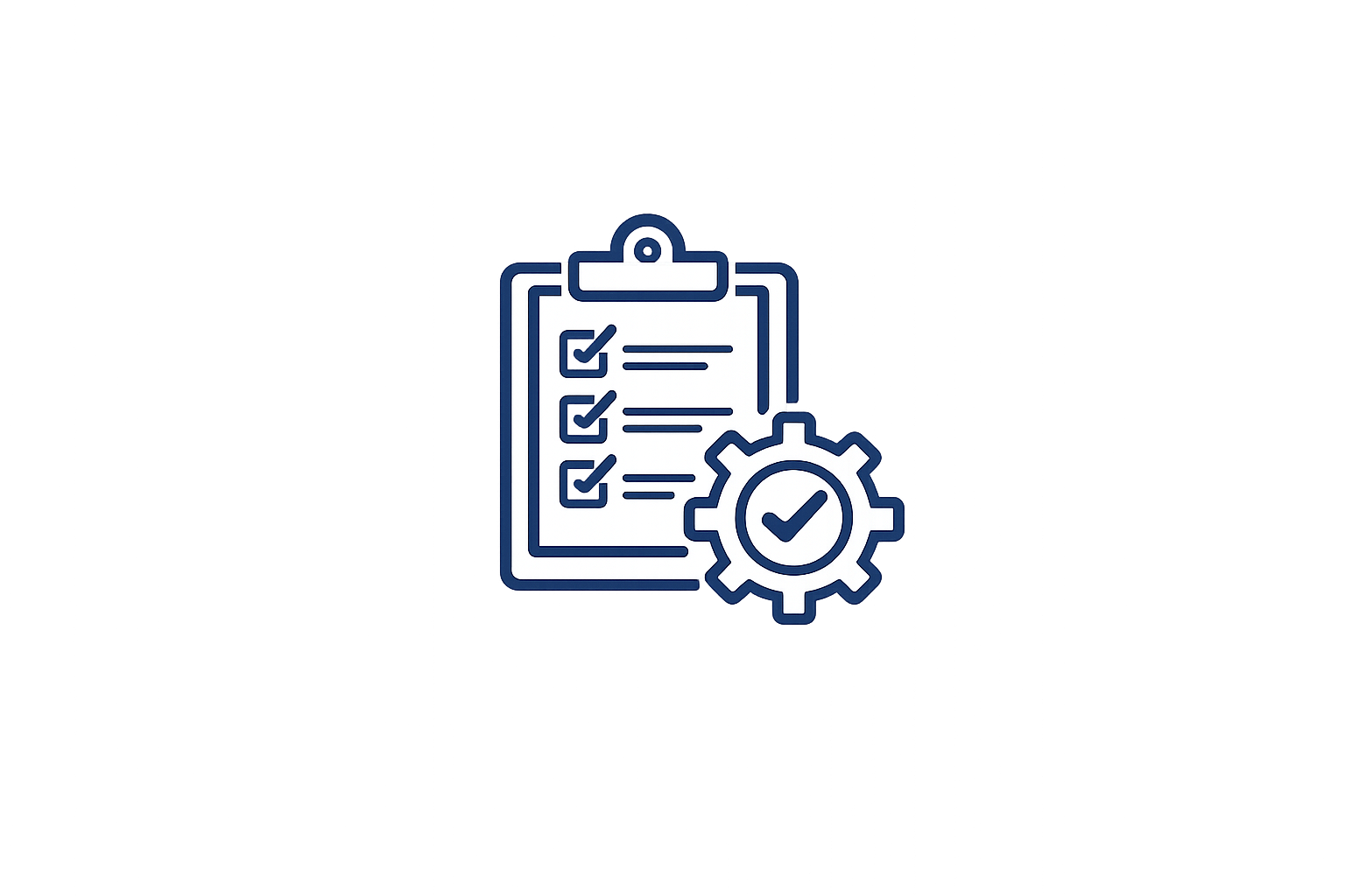 An illustration of a clipboard with checkmarks next to listed items, accompanied by a gear icon with a checkmark, symbolizing settings or process completion.